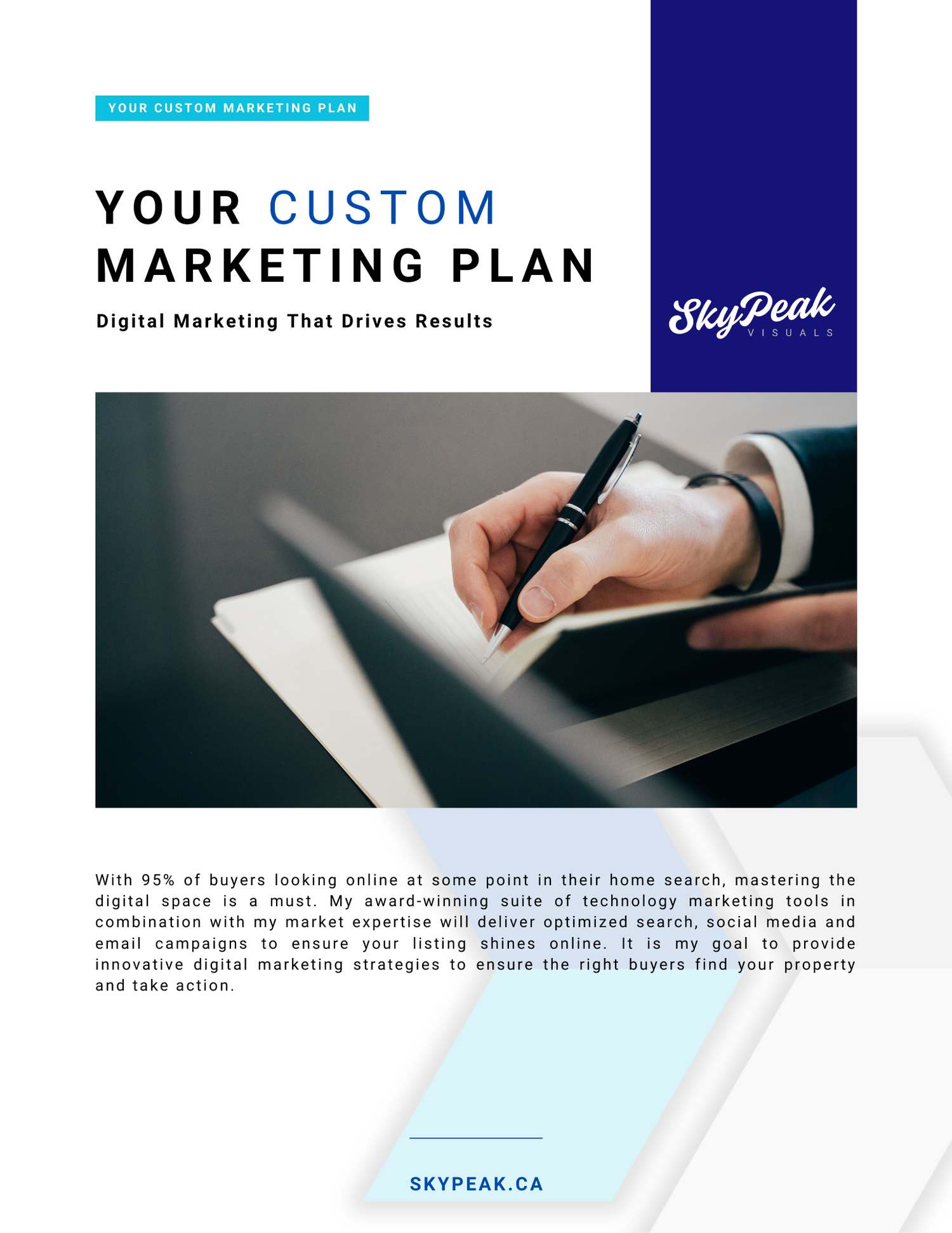 Digital marketing website header showing a laptop and SkyPeak company branding against a blue background.