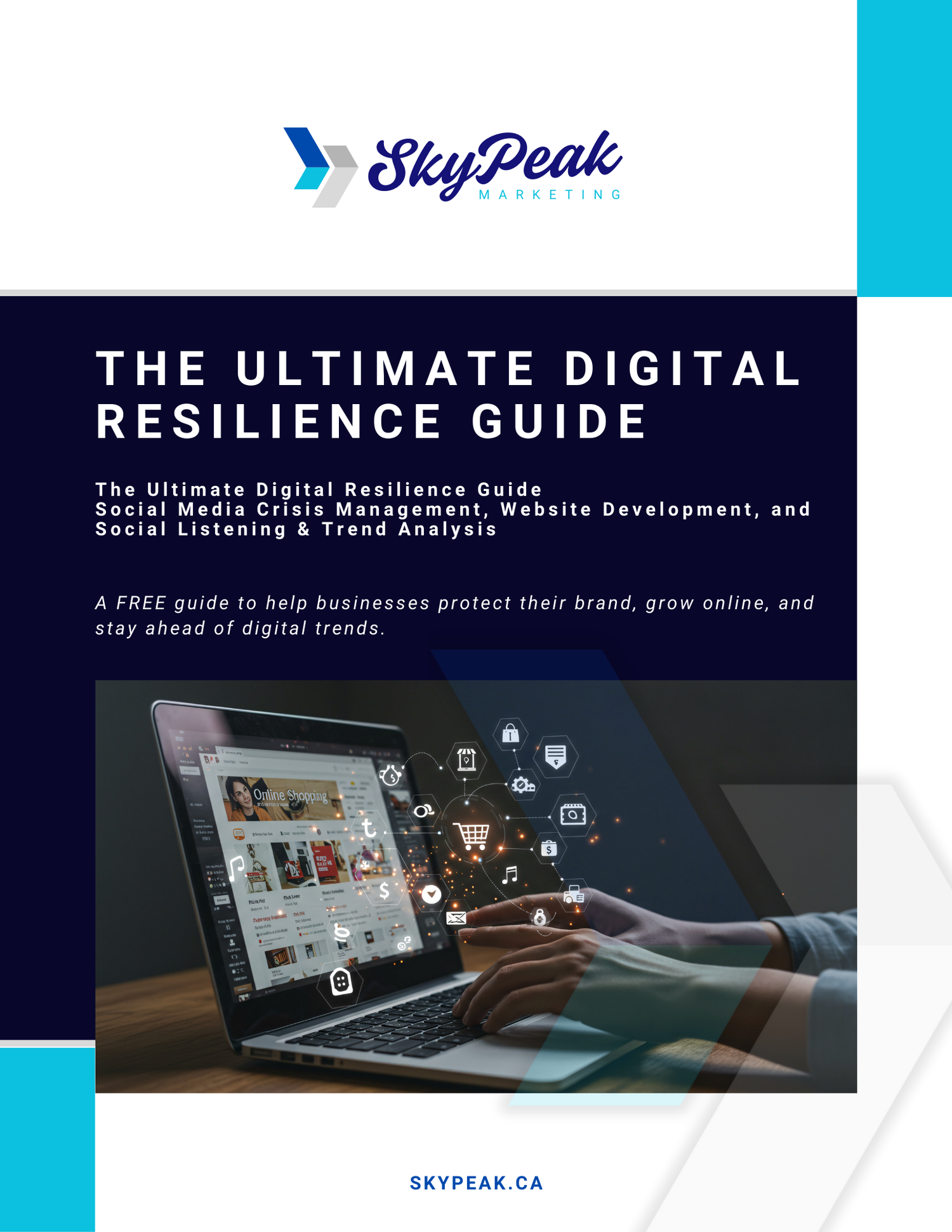 Digital resilience guide mockup showing laptop screens with business website content and floating social media icons.