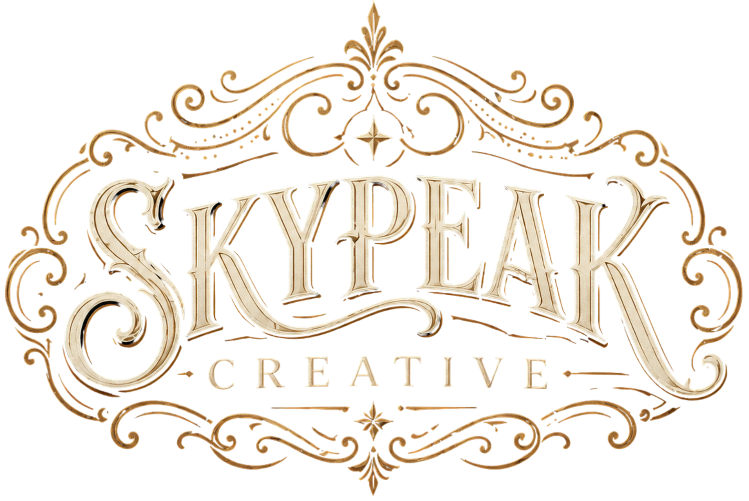 Skypeak Creative ornate gold vintage logo with elegant scrollwork and decorative typography on white background.