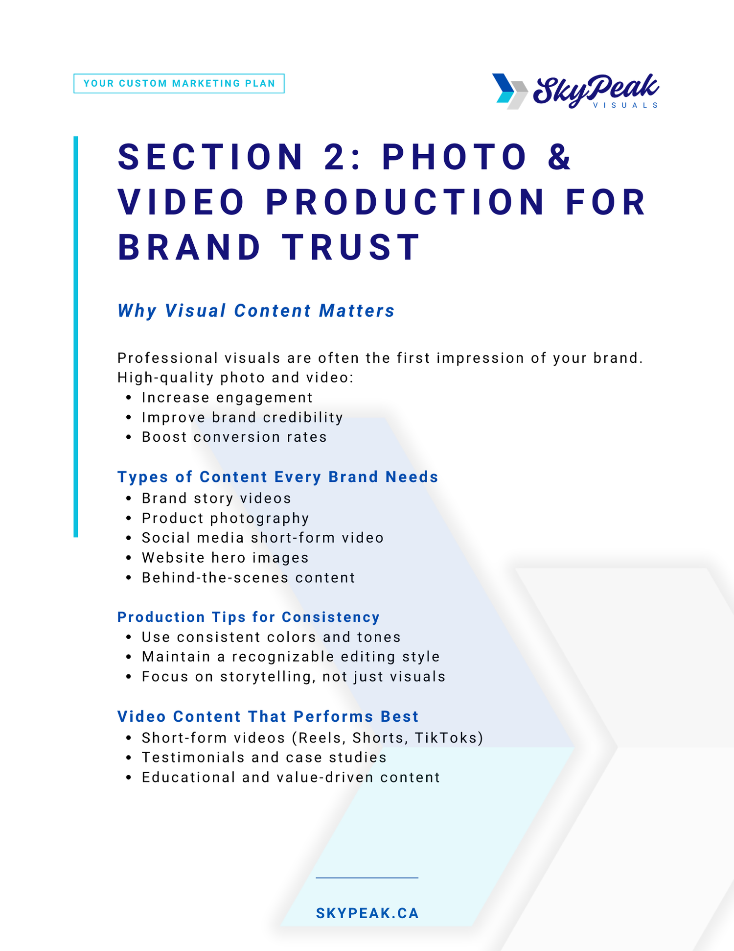 A professional presentation slide about photo and video production for brand trust, showing content types and best practices.