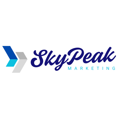 Three blue and gray business logos showing different variations of the SkyPeak Marketing brand design.