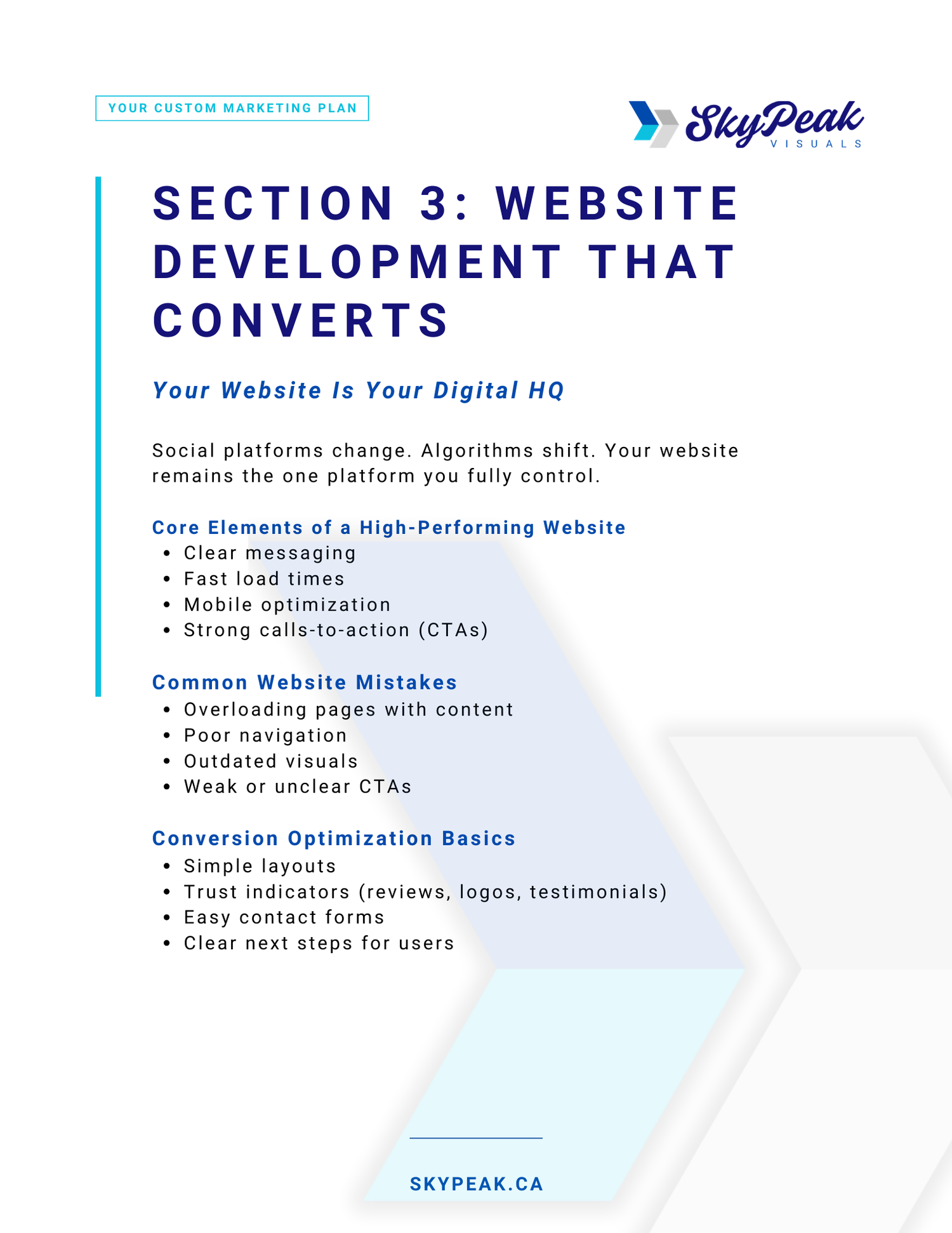 Website development checklist showing conversion optimization tips and common mistakes to avoid.