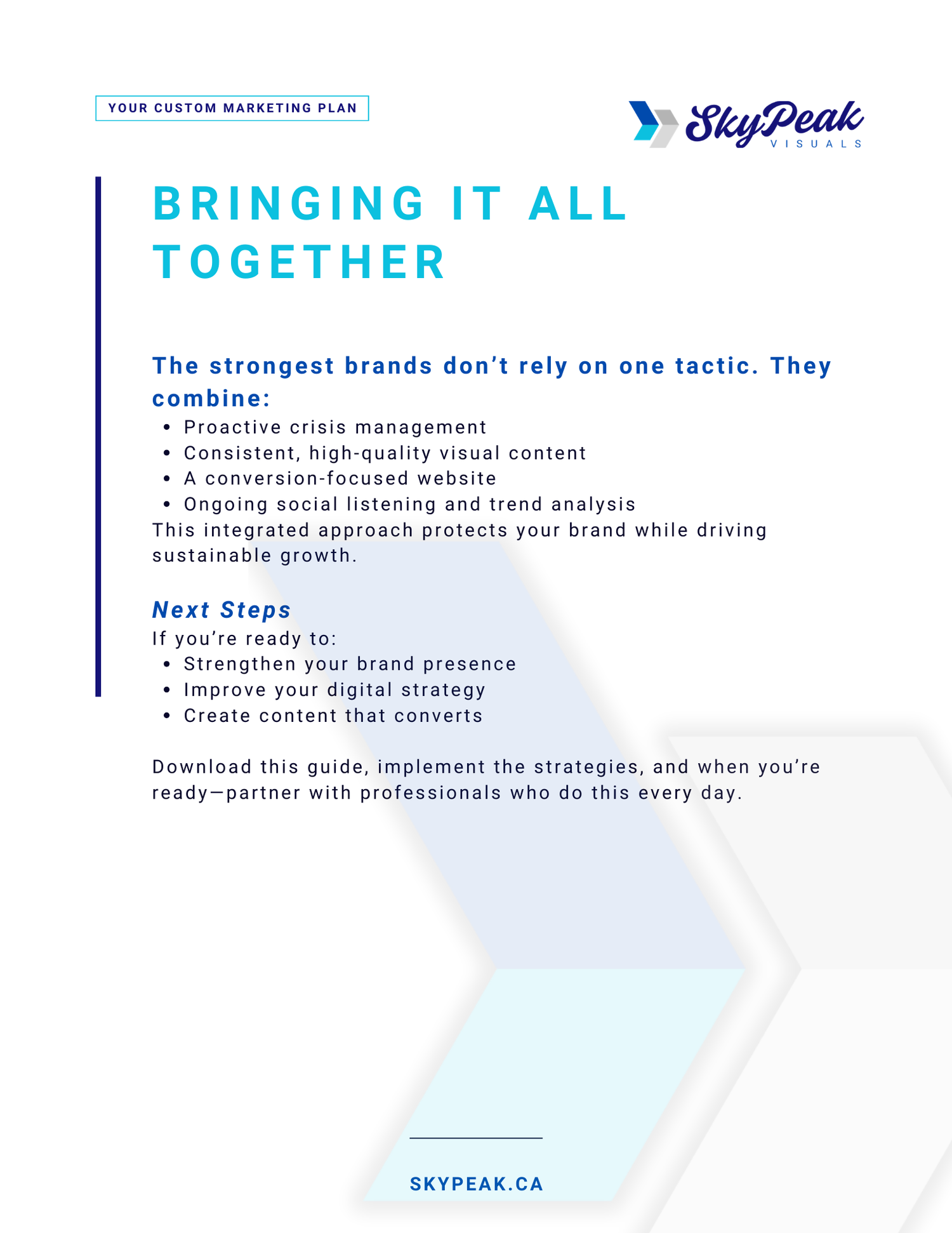 A business presentation slide showing text about brand strategy and marketing with a blue and white color scheme.