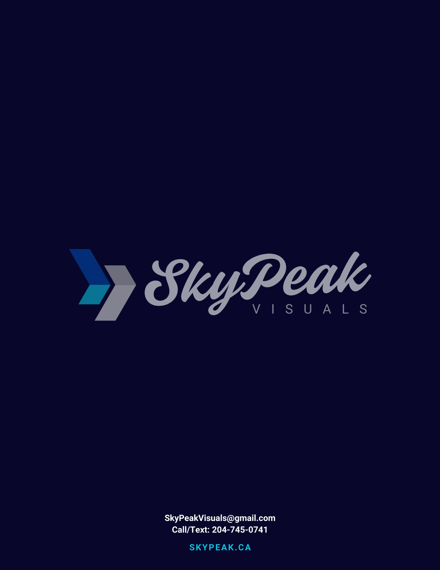 Modern dark blue and gray tech company logo design for SkyPeak Visuals with contact information and website URL.