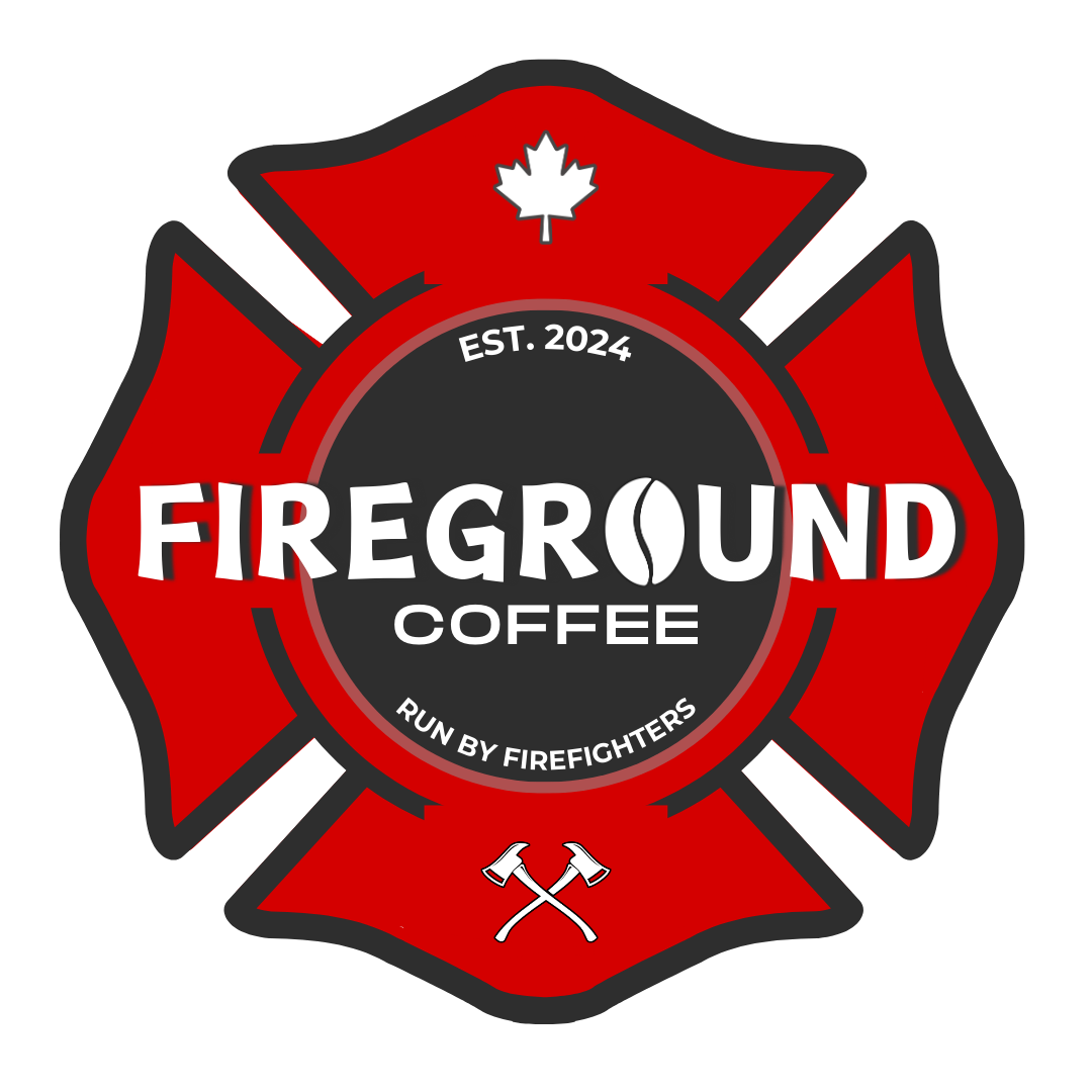 Red and black firefighter-themed coffee company logo designs featuring crossed axes and maple leaf symbols.