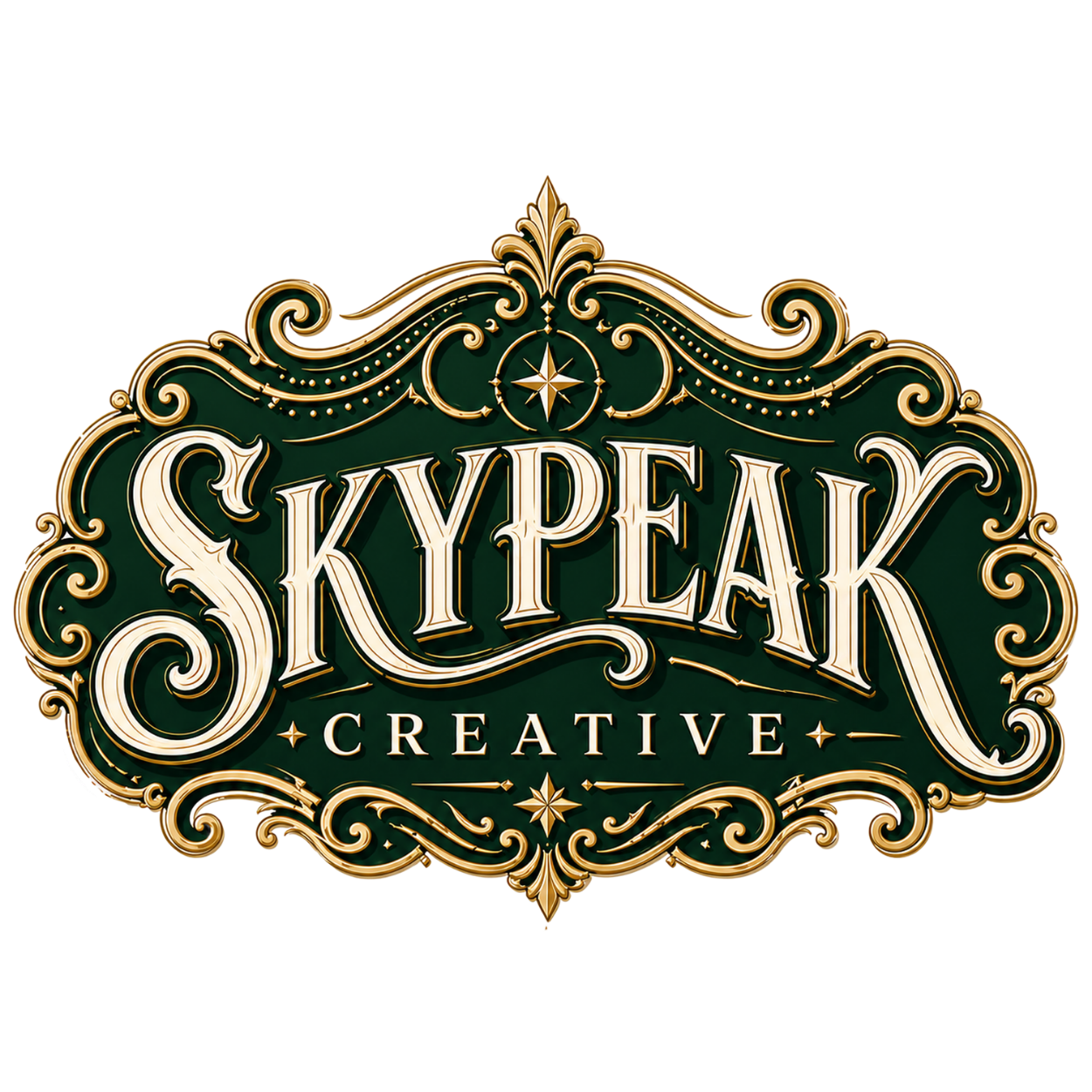 Skypeak Creative ornate vintage logo with gold decorative borders on dark green background featuring elegant typography.
