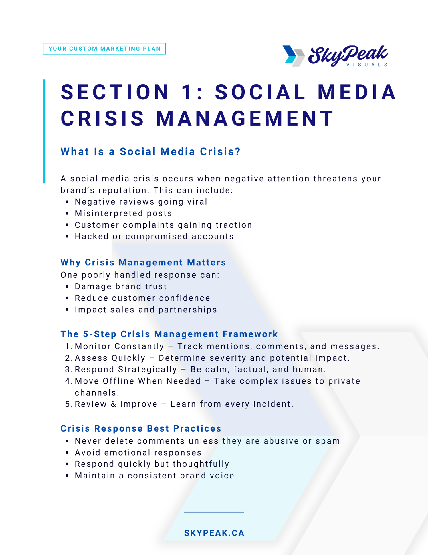 A blue and white infographic showing sections of a social media crisis management framework with text and bullet points.