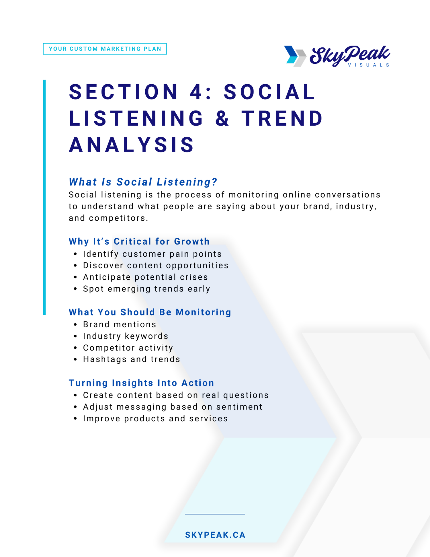 A blue and white slide presentation showing social media monitoring and listening features from SkyPeak platform.