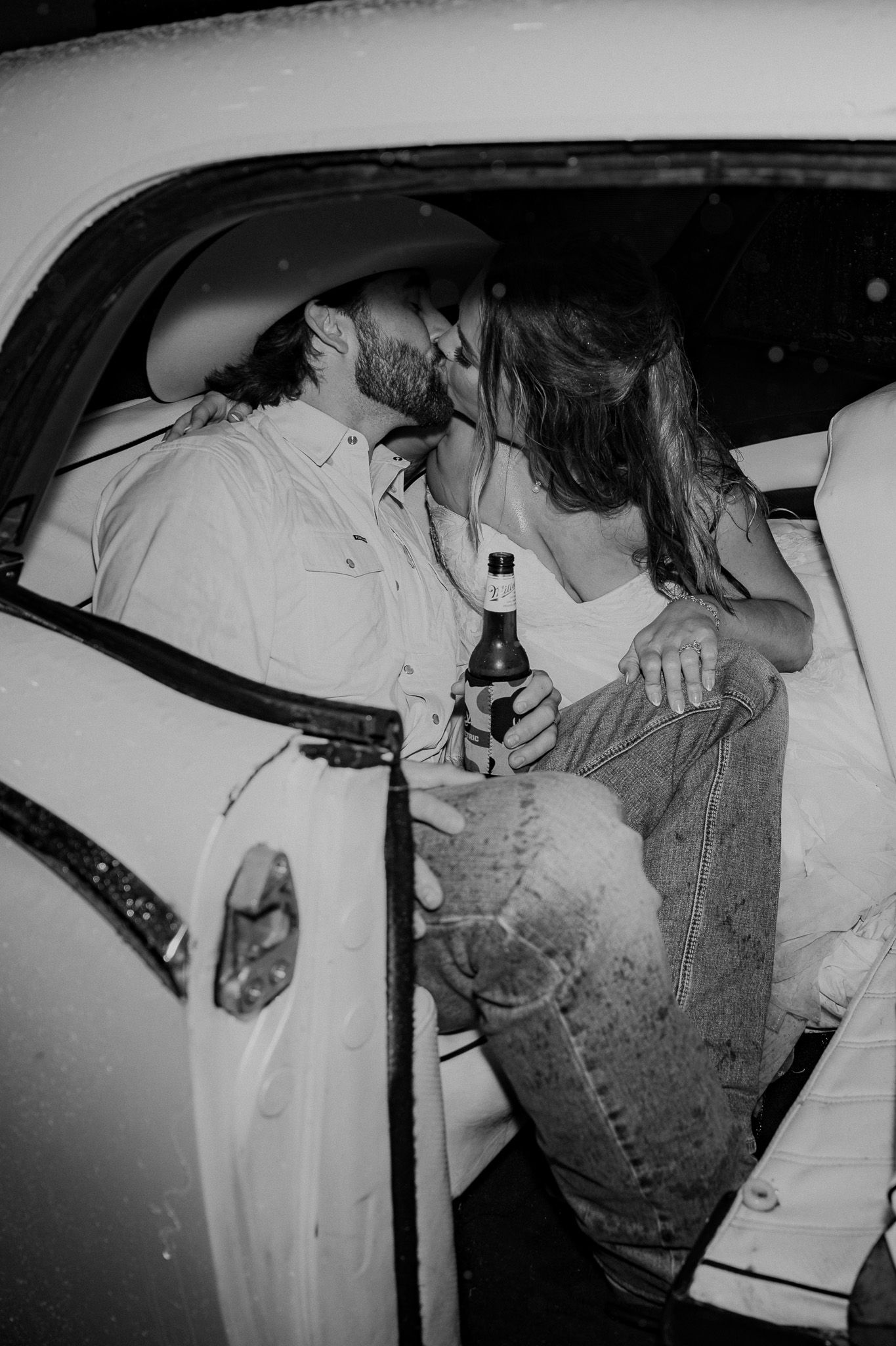 A series of black and white photos showing people in a car, with one person appearing to be slumped over or sleeping.