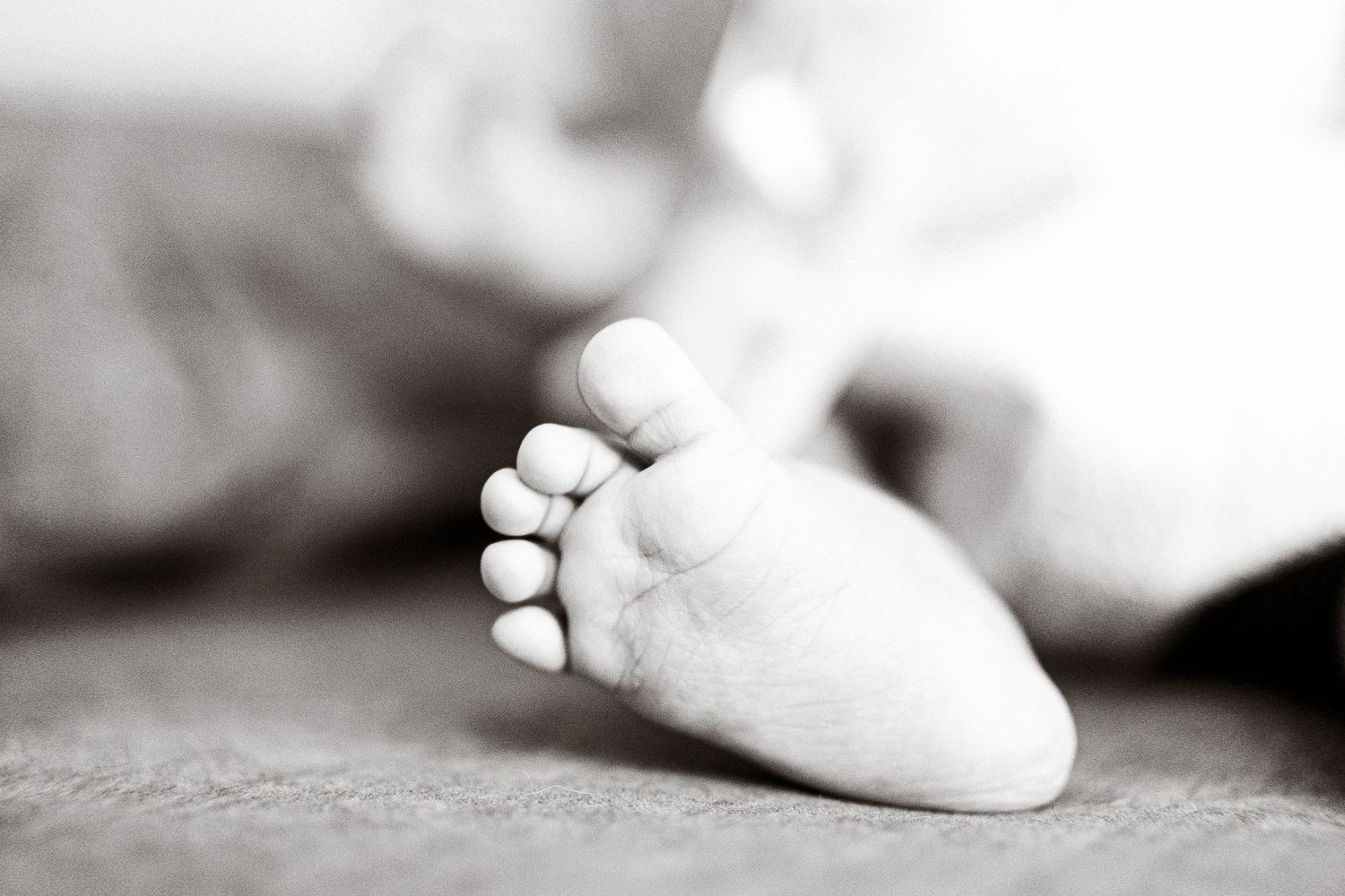 Close-up black and white detail of tiny baby feet.