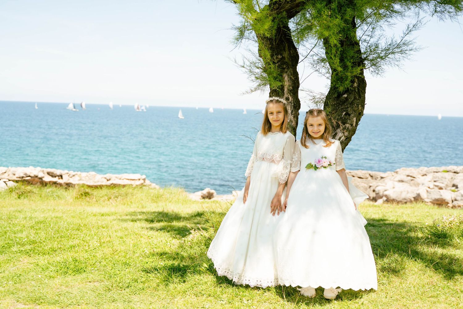 Wedding party poses on a grassy lawn overlooking a serene ocean view on a sunny day.