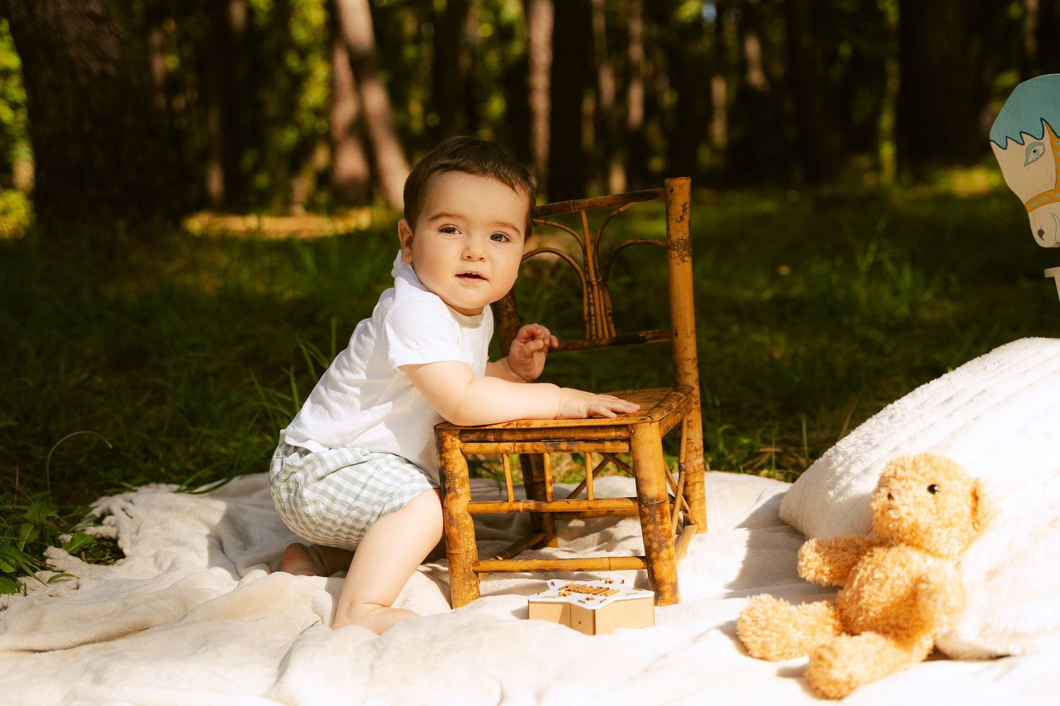 A small child in white sits beside a wooden chair and teddy bear on a white blanket in a sunlit garden.