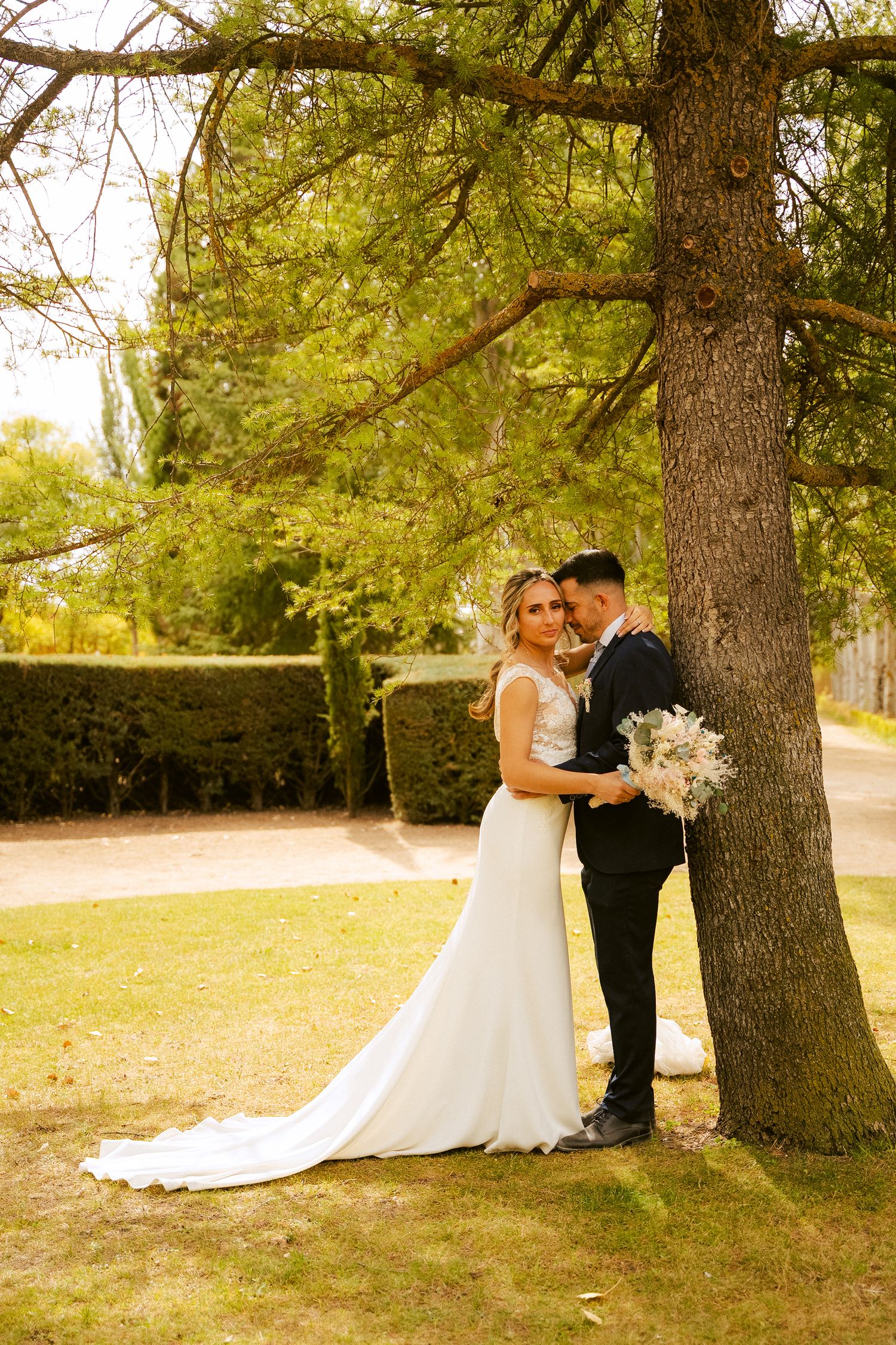 Romantic wedding couple poses against large trees in a sunlit outdoor setting.