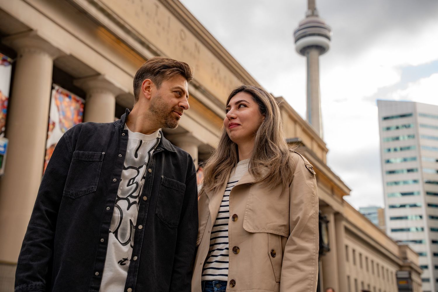 Candid moments of couples sharing laughter and love in outdoor settings with warm, natural light.