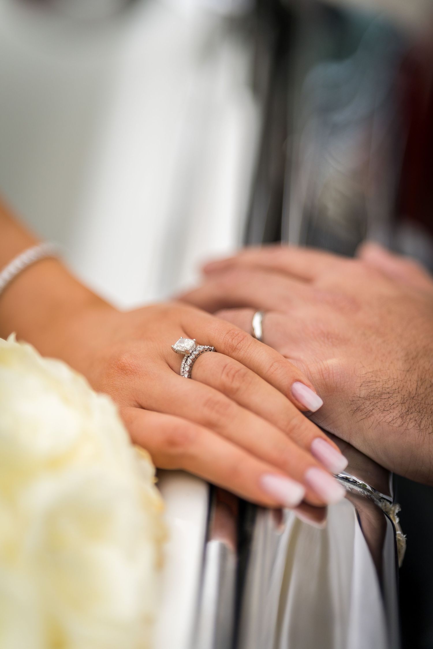 Close-up of wedding rings of a newly married couple