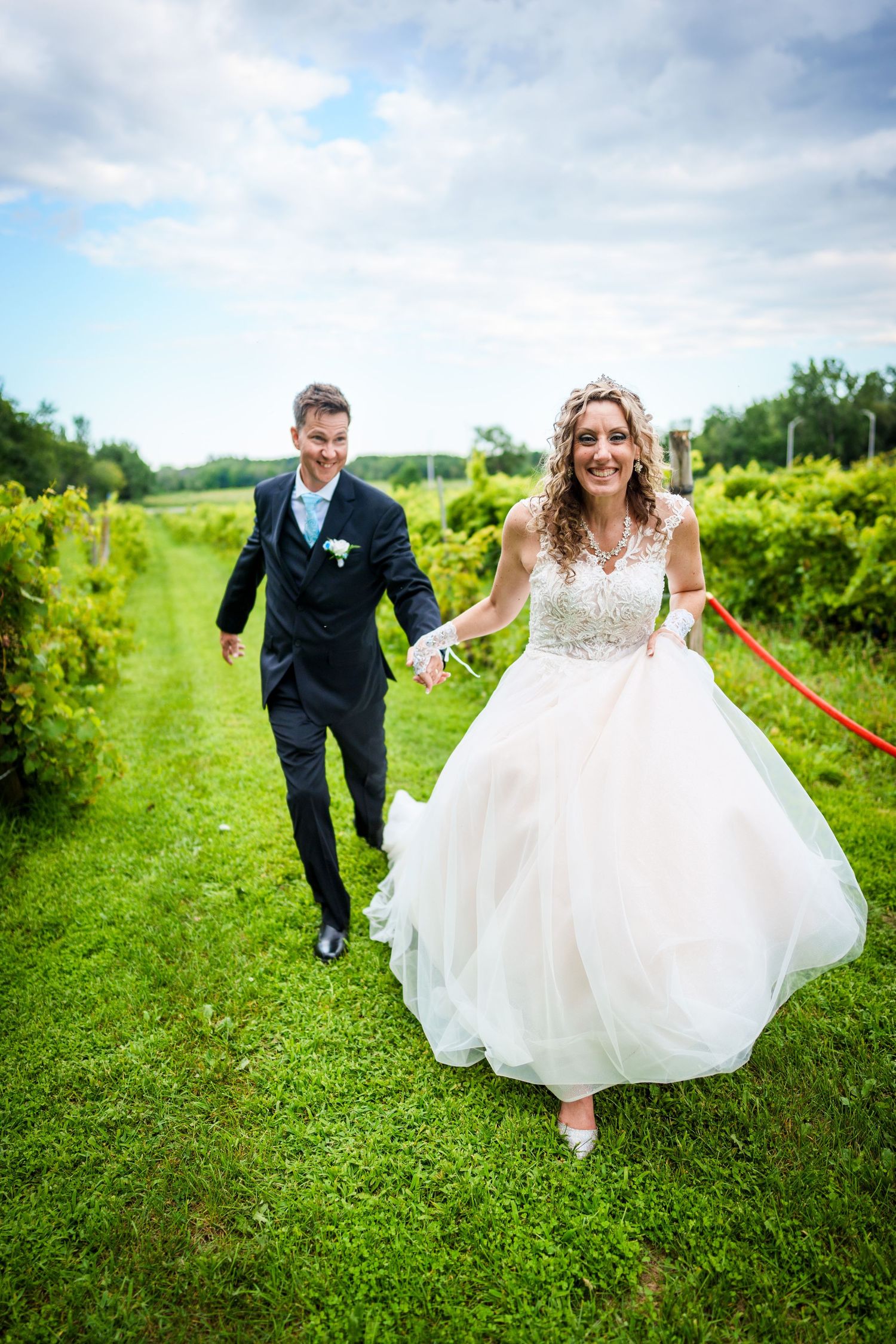 Bride and groom walking in a grape orchard in Laval, Quebec