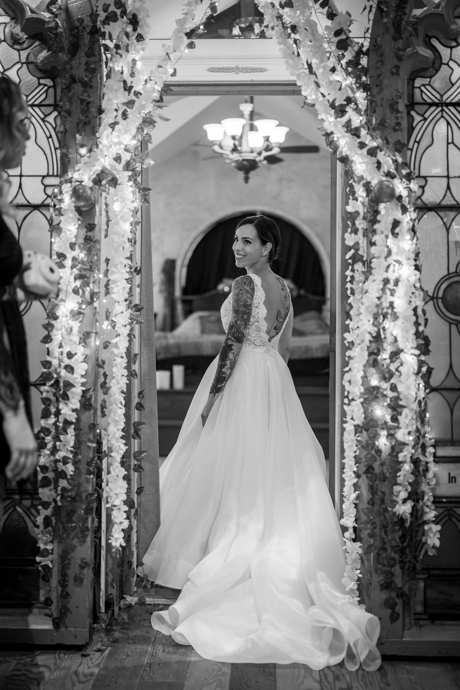 Bride walking out in her wedding dress for the first time