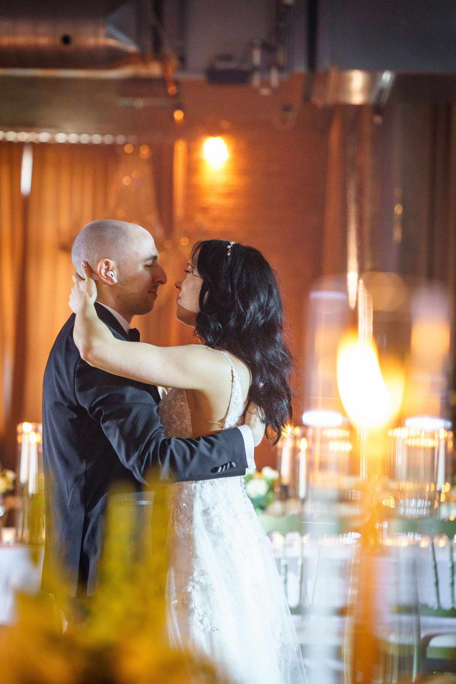 Bride and groom explore their wedding reception area before the guests arrive