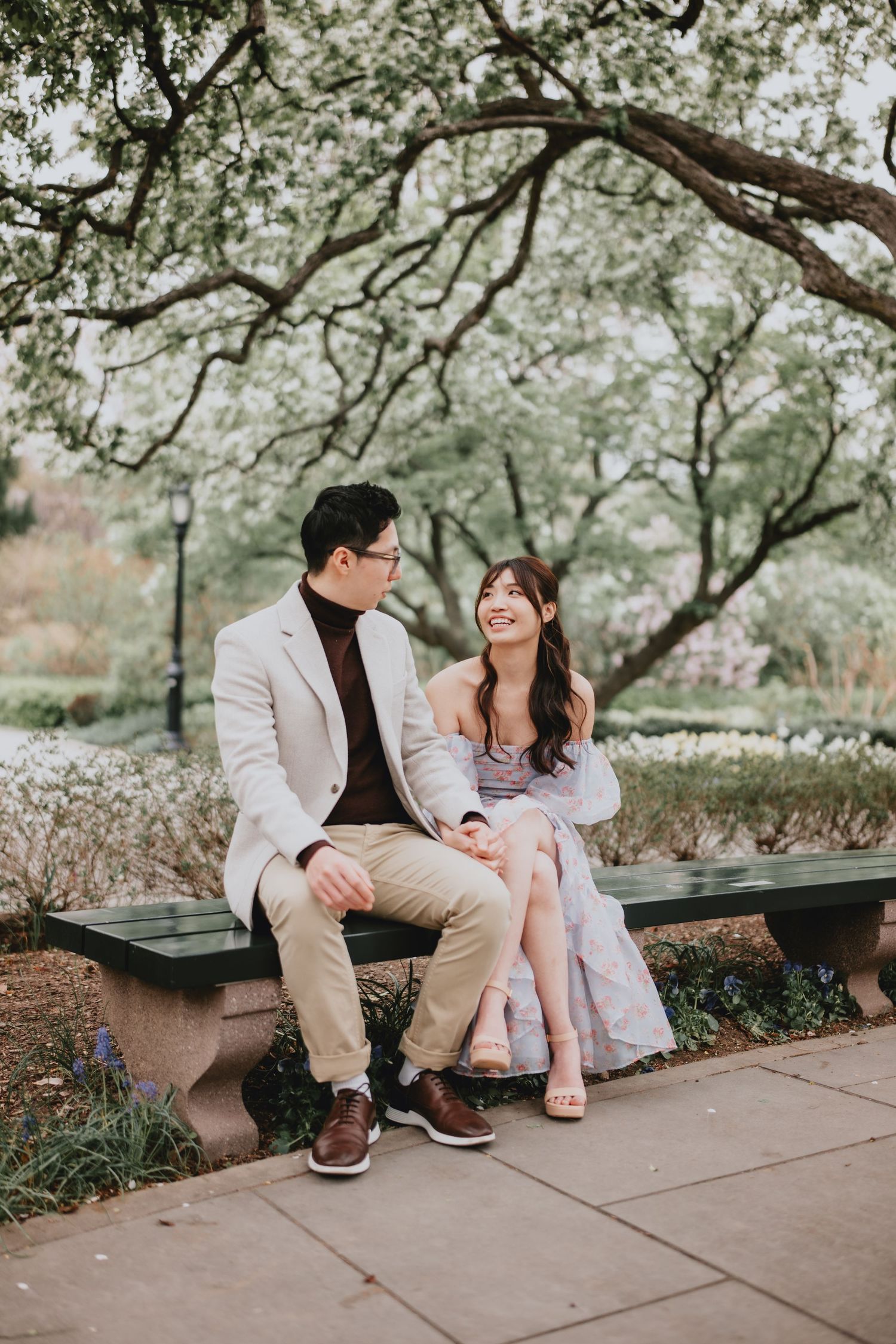 A romantic garden scene with overhanging tree branches and stone benches.