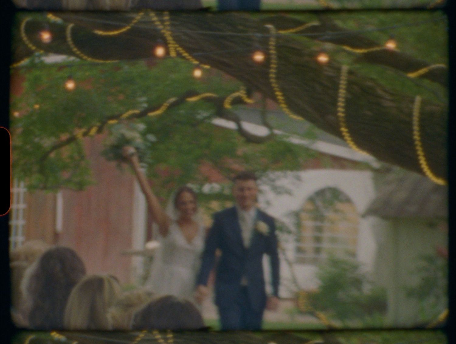 A collage of wedding photos showing couples and guests celebrating at an outdoor reception with string lights overhead.
