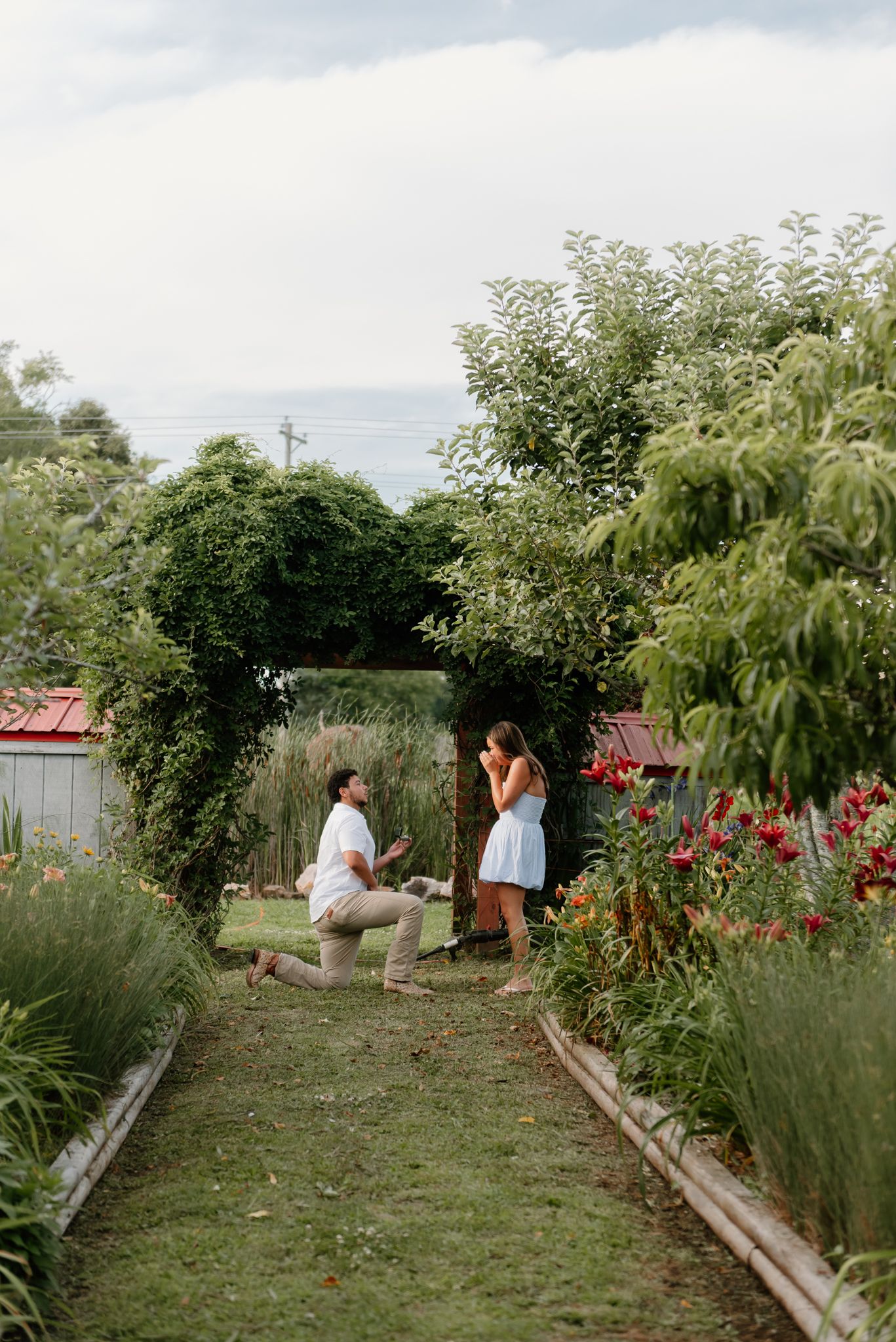 A garden path lined with flowering plants and trees creates a serene outdoor setting.