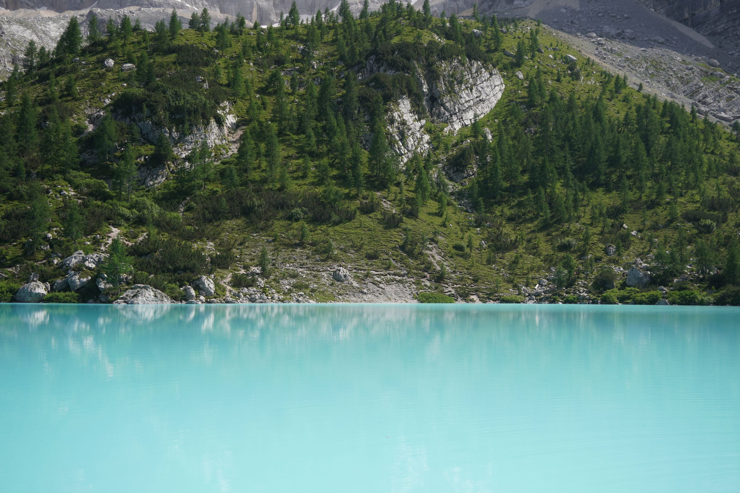 Lago turchese sullo sfondo di montagne boscate