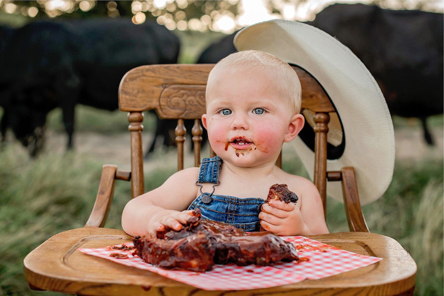 A group of messy candid photos showing bbq sauce stains  and a rack of ribs against a natural outdoor backdrop.