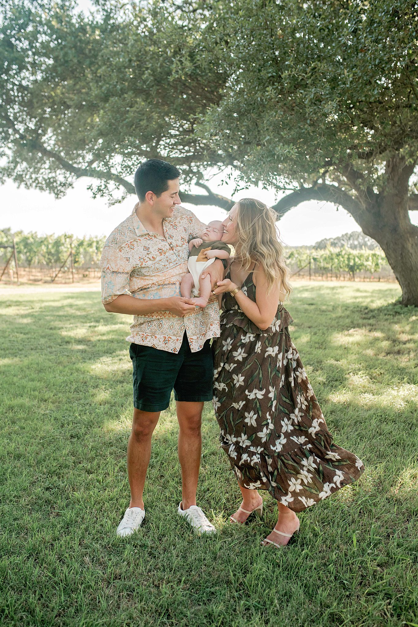 A couple shares a joyful moment with their baby under a large oak tree in a lush vineyard setting.