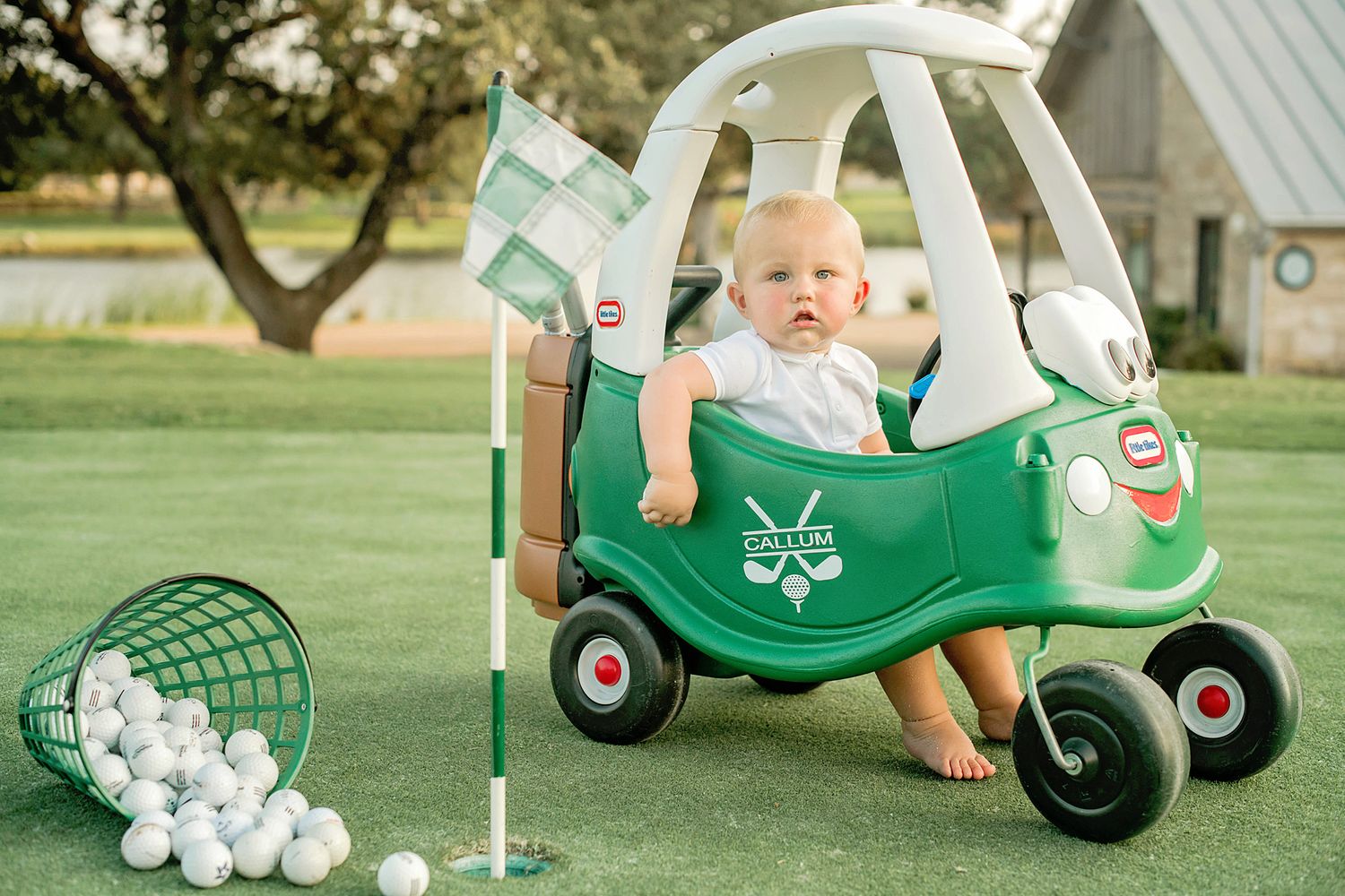 Five sequential photos show a child riding in and playing around a green and white Little Tikes Cozy Coupe toy car outdoors.