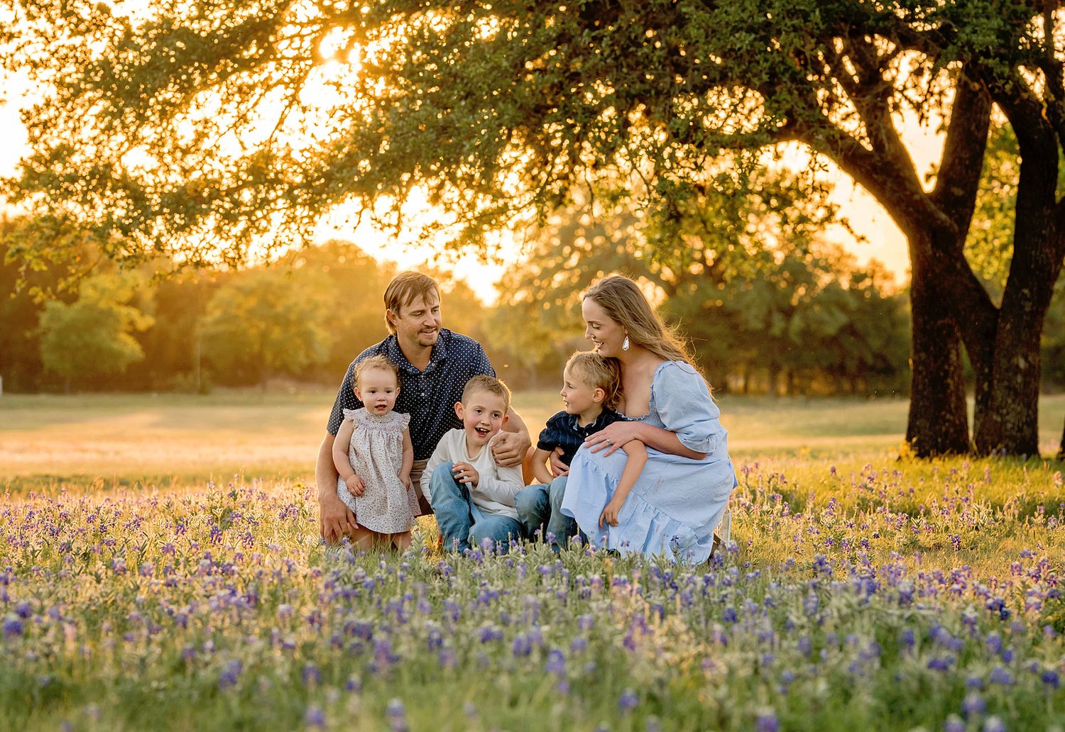Family of five posing in a sunlit wildflower field at golden hour with a large tree backdrop.