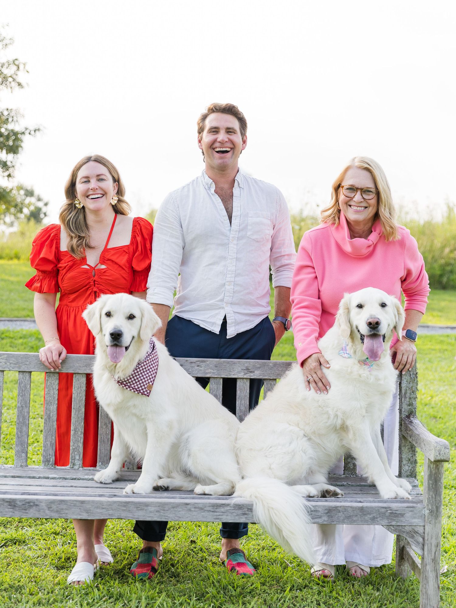 Two white Labrador dogs sitting on a red bench with their owners in a sunny outdoor setting.