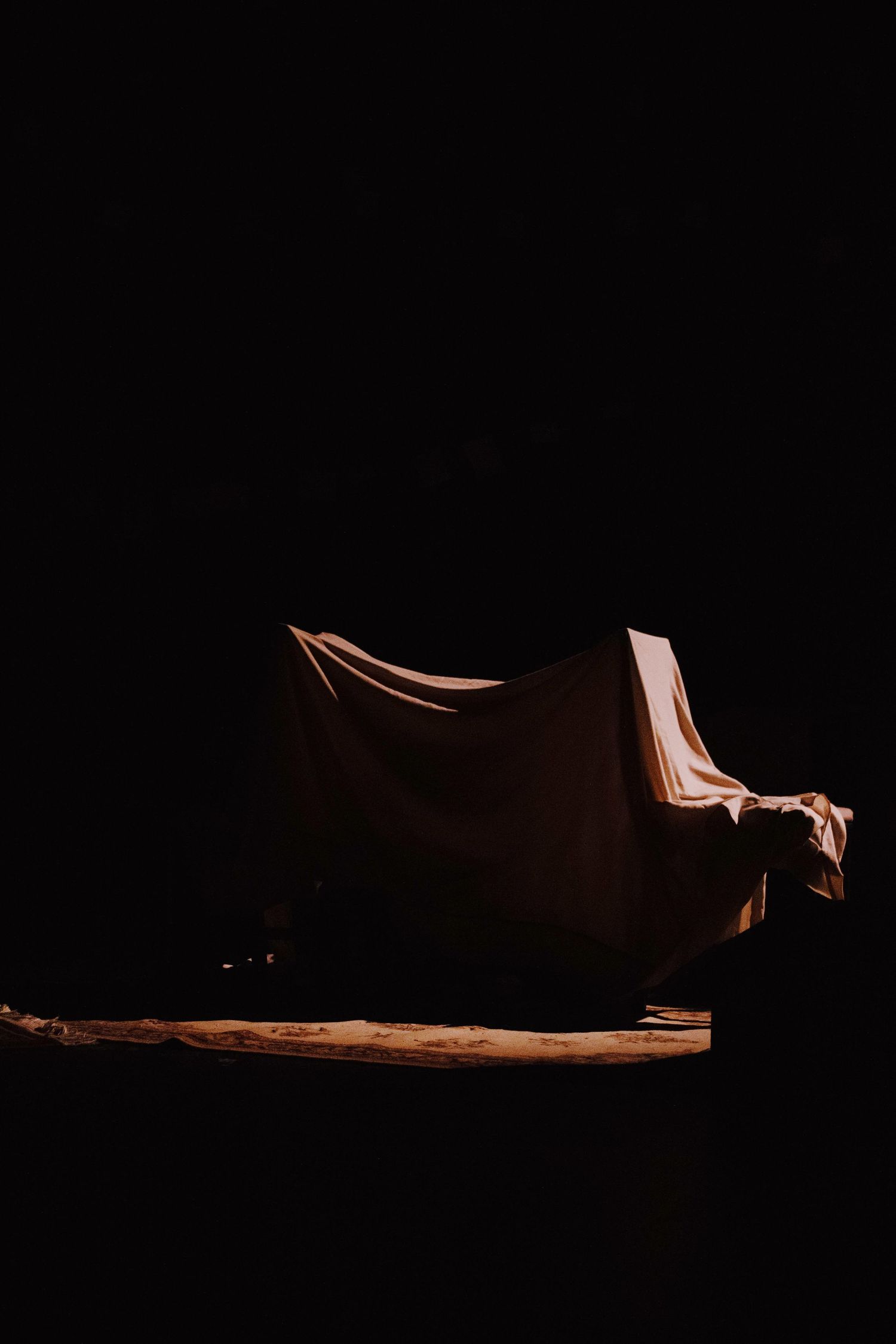 Artistic low-key lighting creates dramatic shadows and silhouettes on a dark stage.