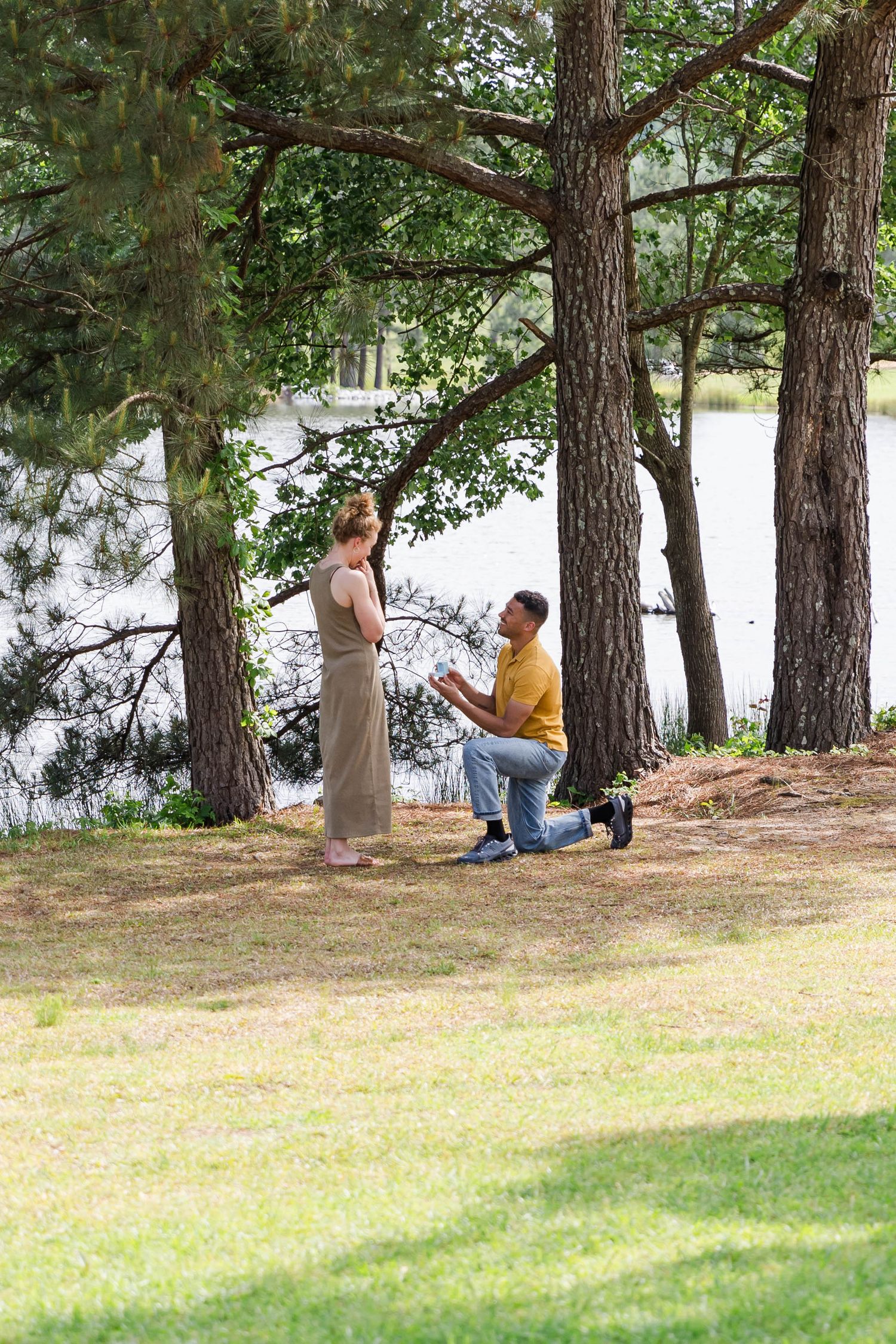 Man proposes on one knee to woman near lakeside trees in a sunny park setting.