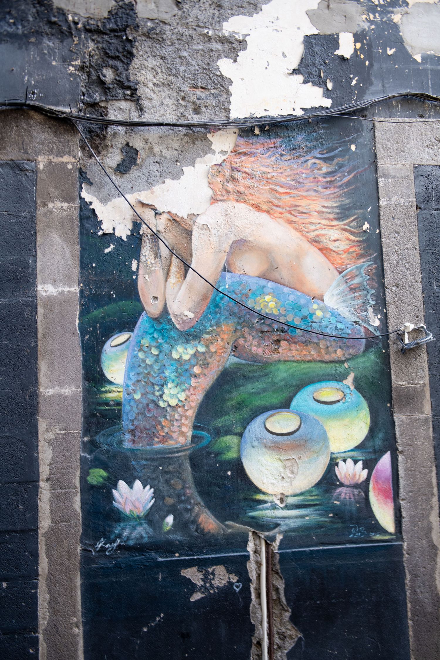 Whimsical underwater-themed mural featuring floating fish and lotus flowers on dark background.