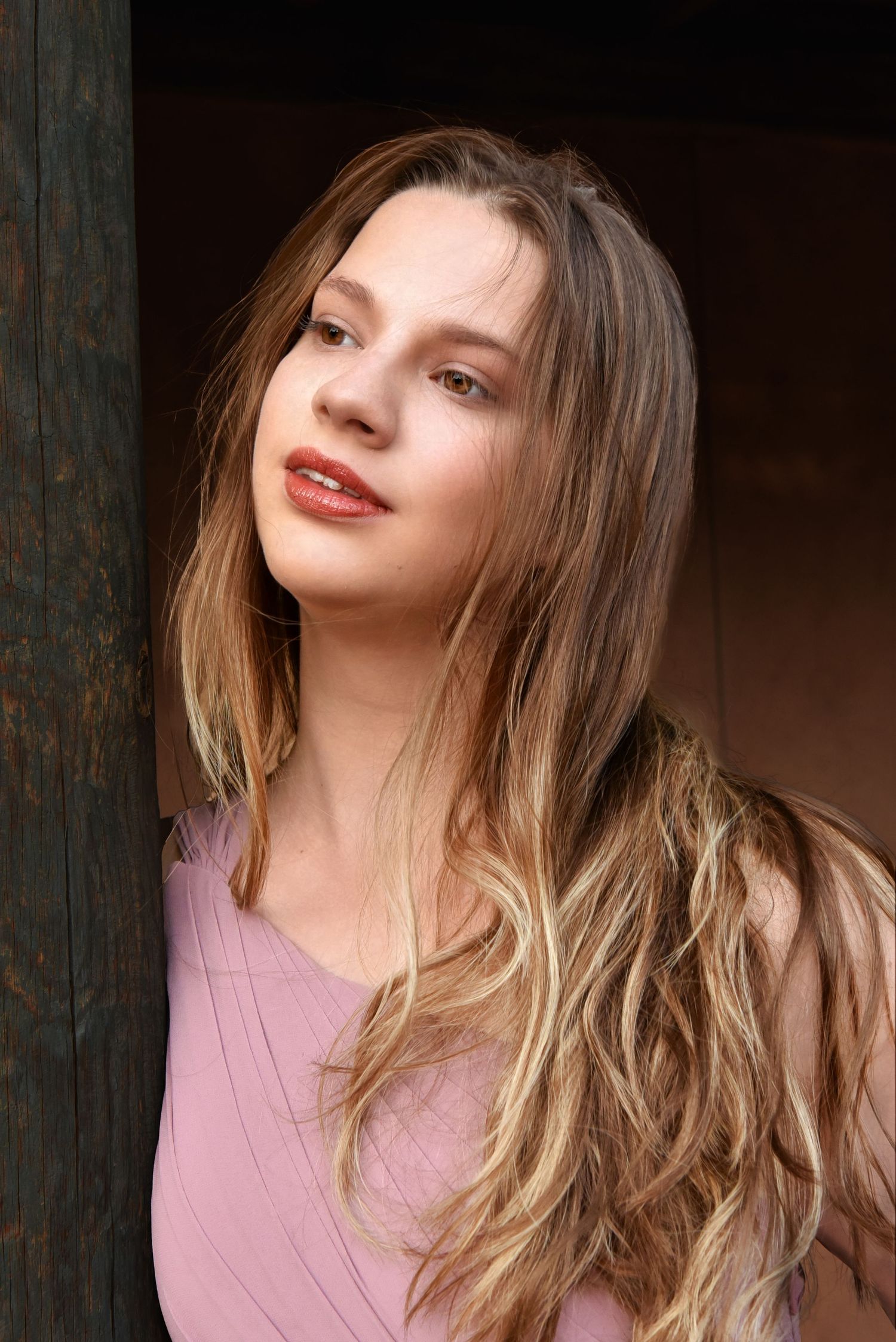 Portrait series showing different angles in a mauve top with soft lighting.