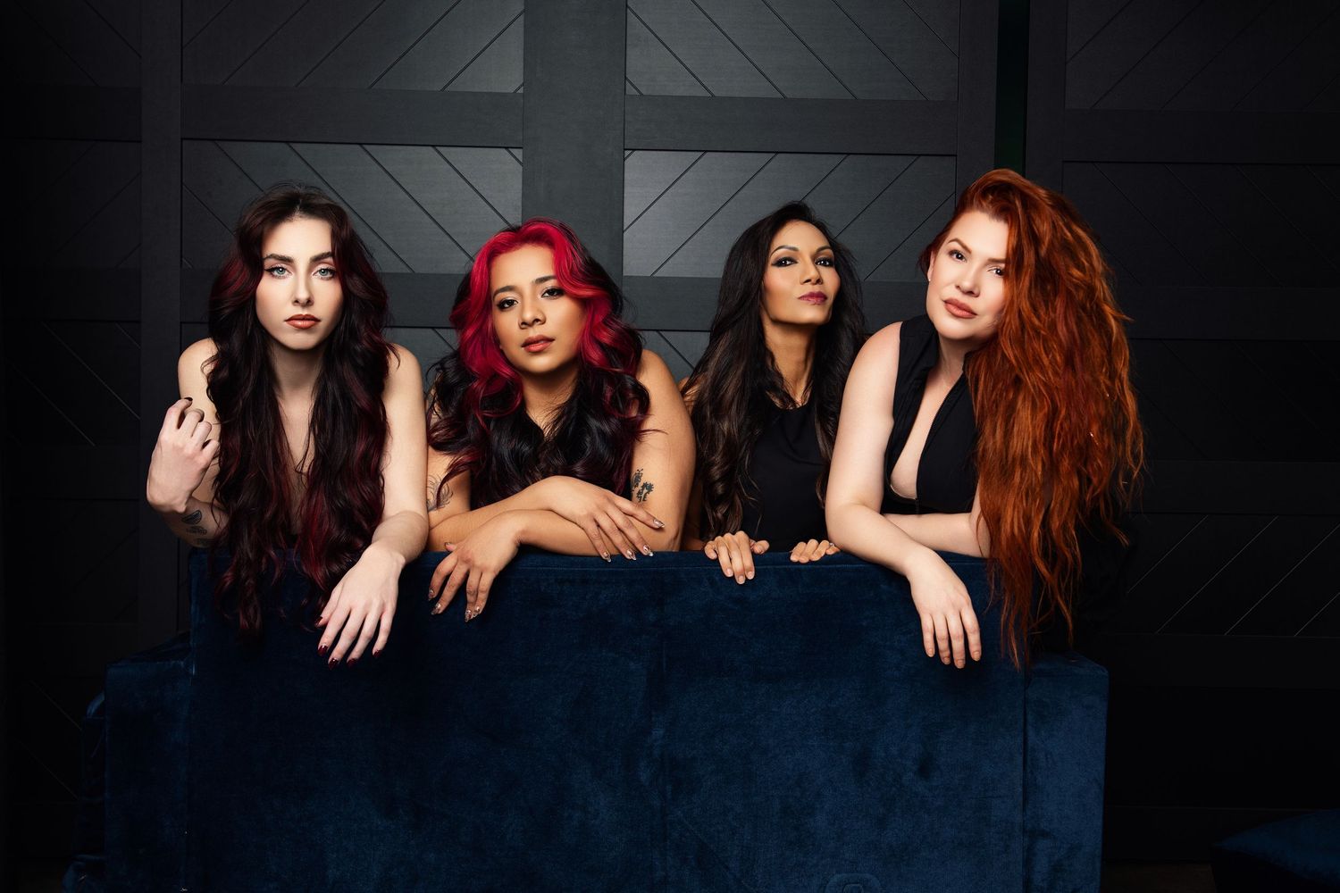 Dramatic black and white portrait series showing group posed together against dark background.