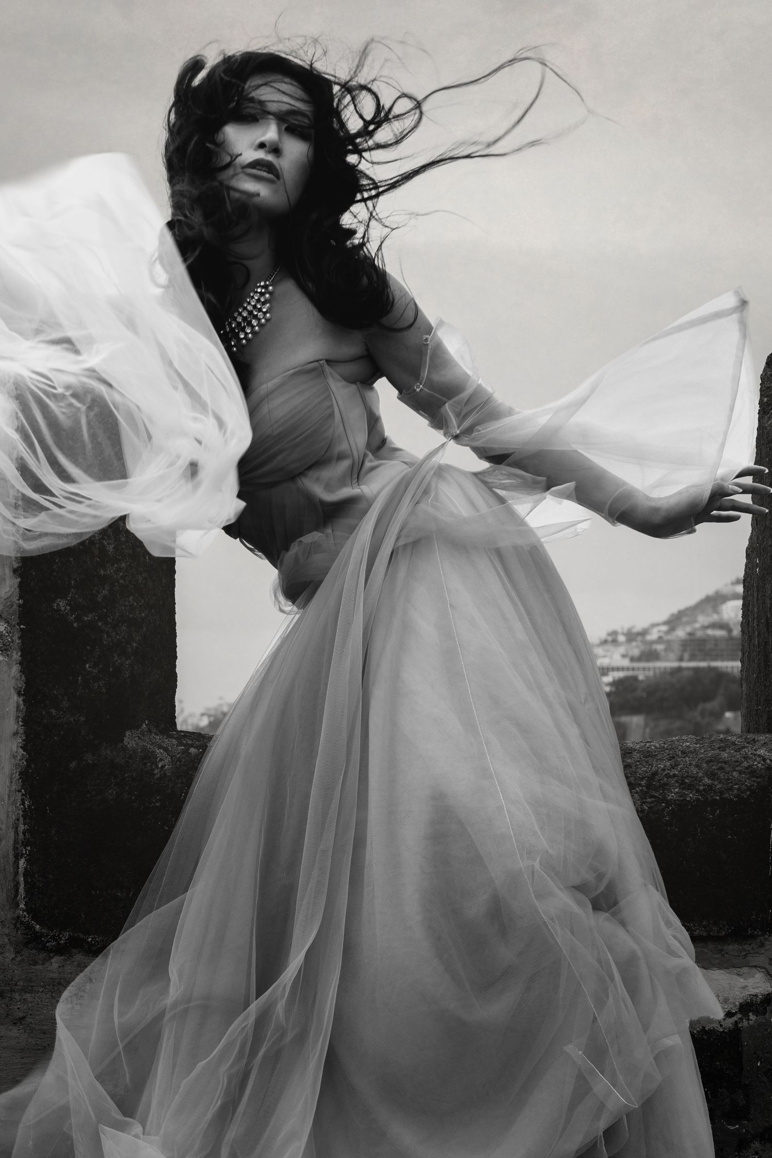A dramatic black and white photo with flowing fabric caught in the wind against a cloudy sky.