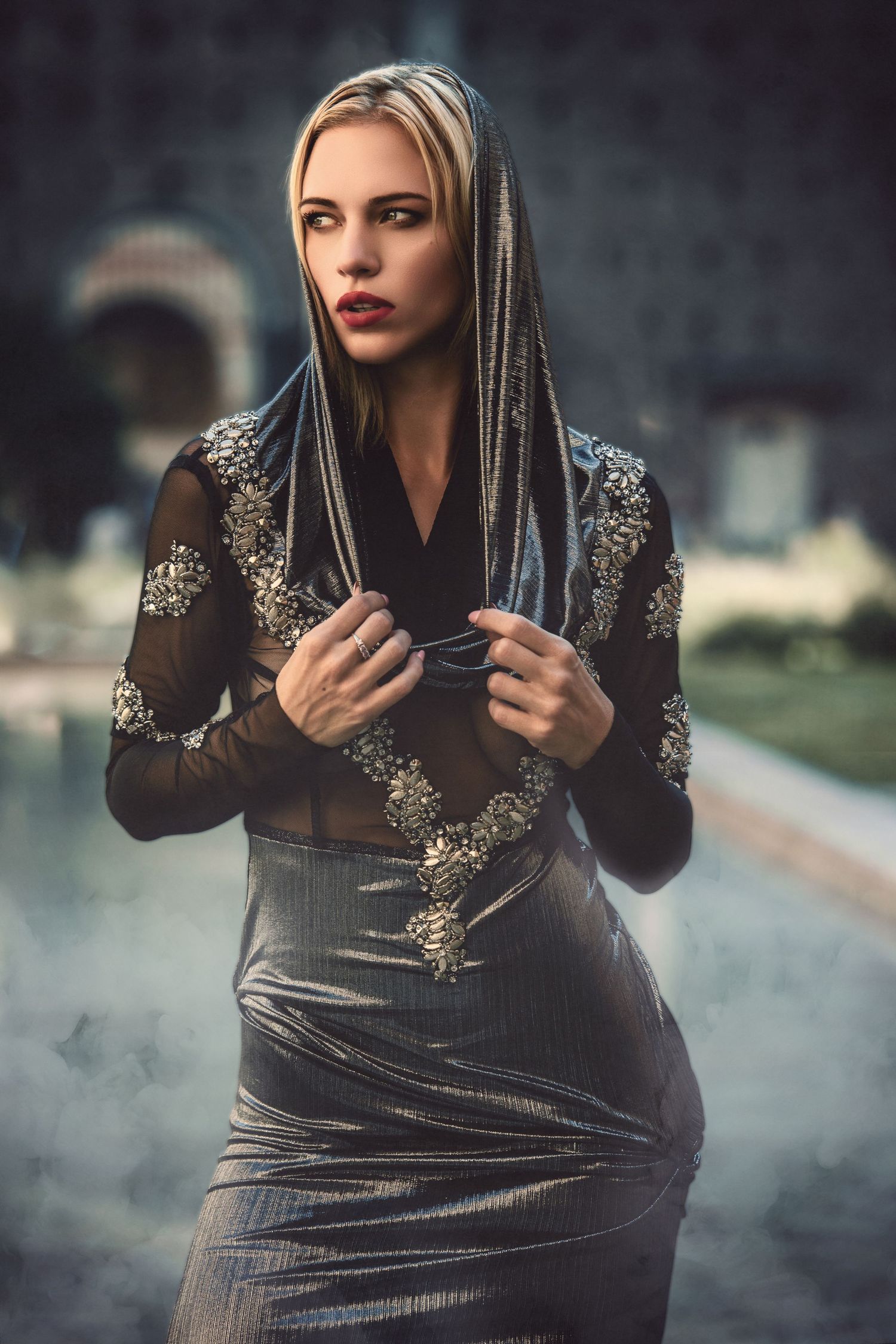 A velvet dress with embellished details photographed in moody lighting outdoors.
