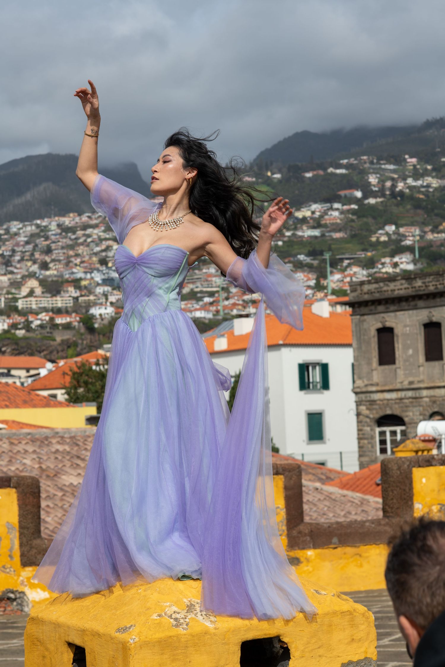 Artistic dance performance in purple gown against urban rooftop setting with mountain views.