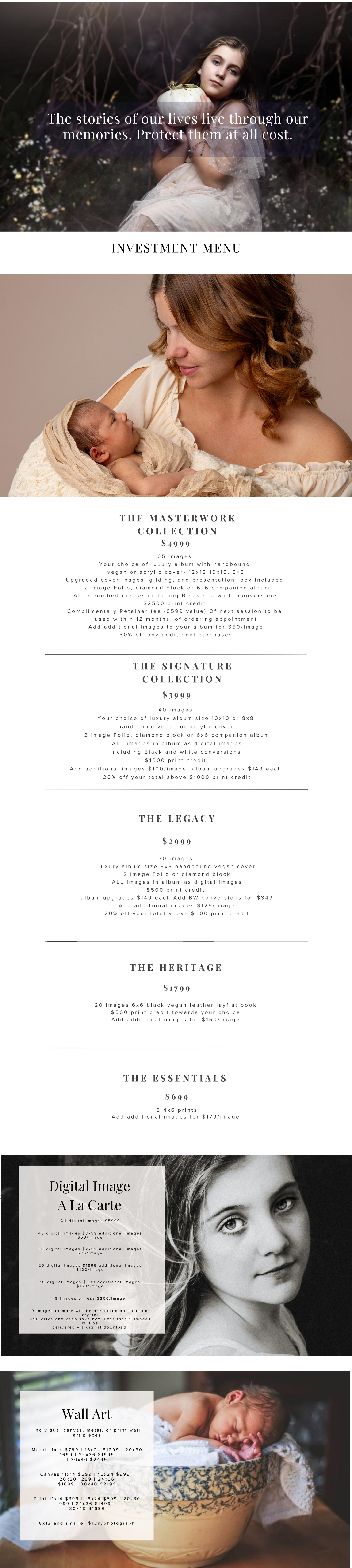Photography pricing menu showing various collection packages and artistic portrait samples.