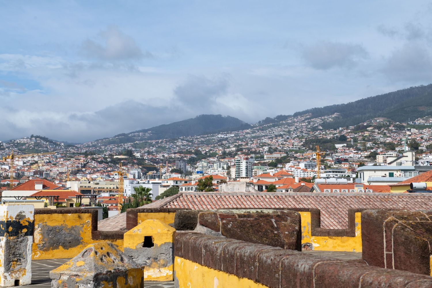 Panoramic cityscape view of Funchal, Madeira with mountains and urban buildings against cloudy sky.