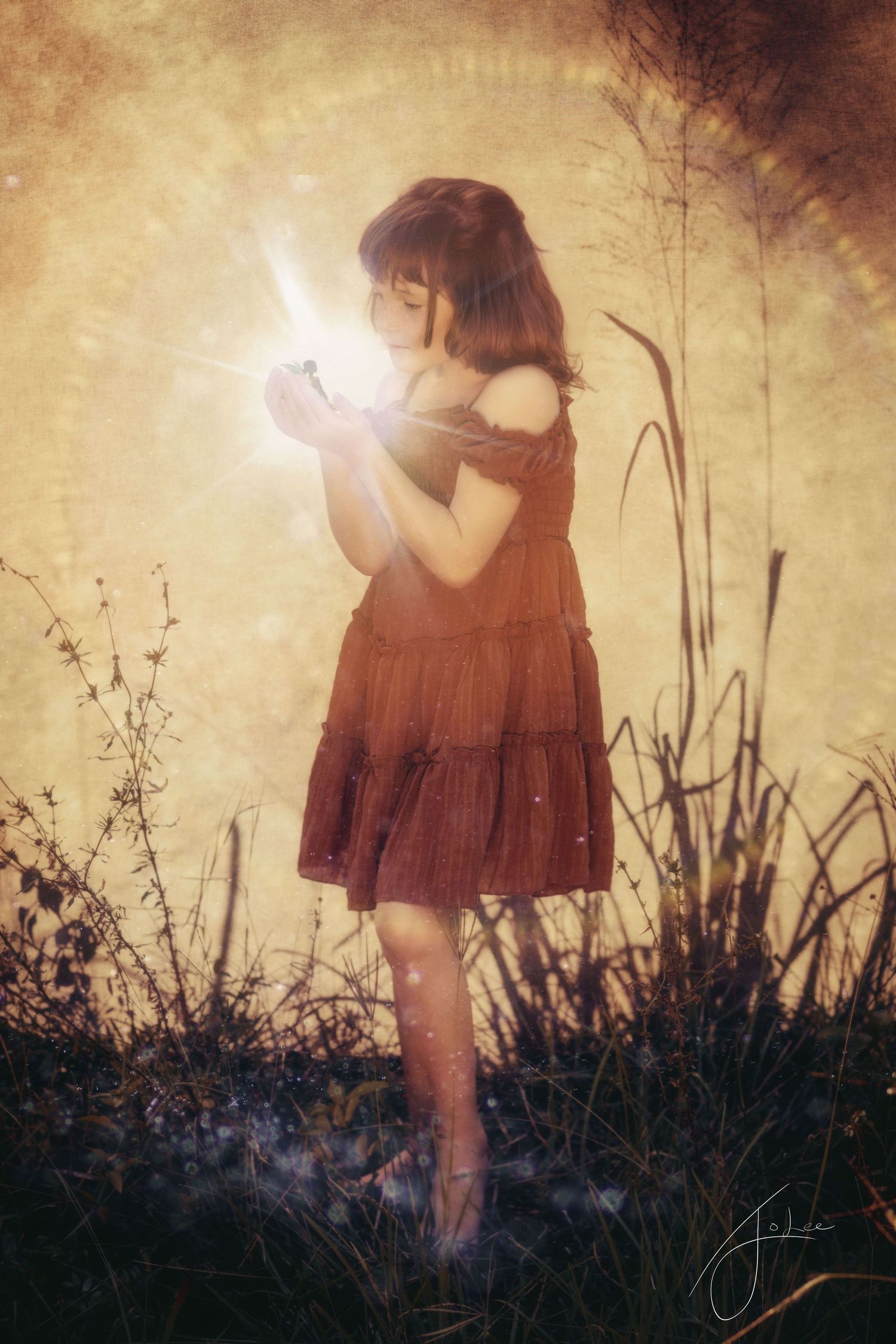 Dreamy sepia-toned portrait sequence of child silhouetted against sunset in tall grass.