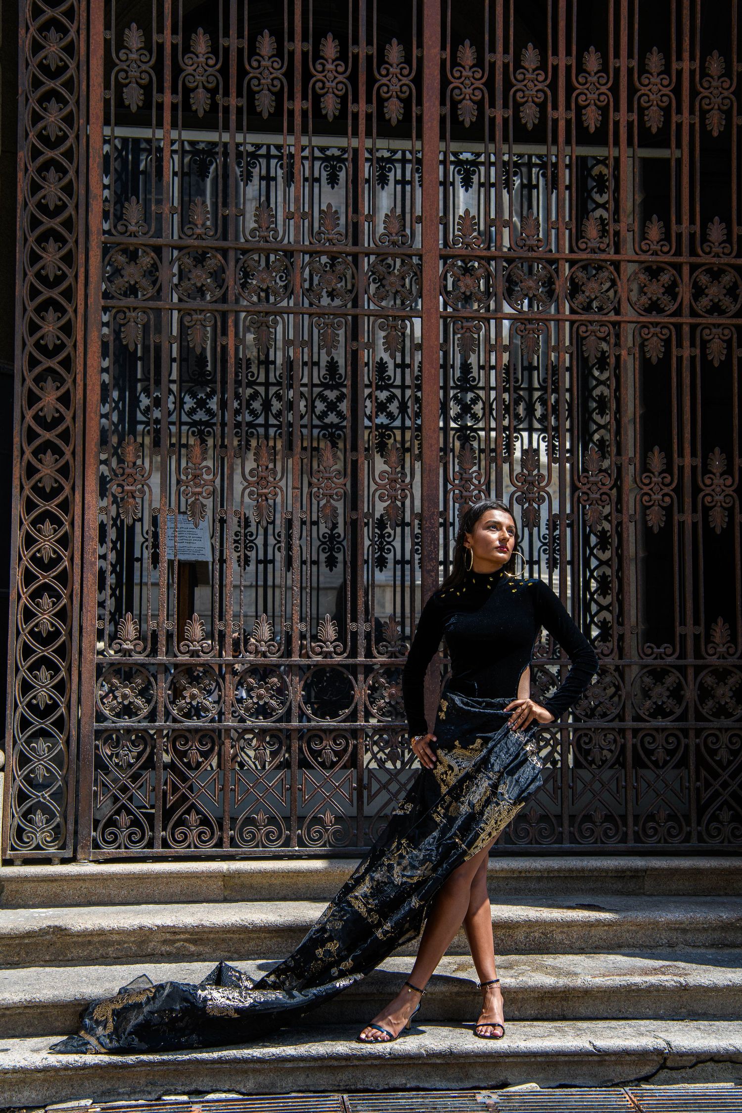 Ornate iron gate details with decorative metalwork patterns in an architectural setting.
