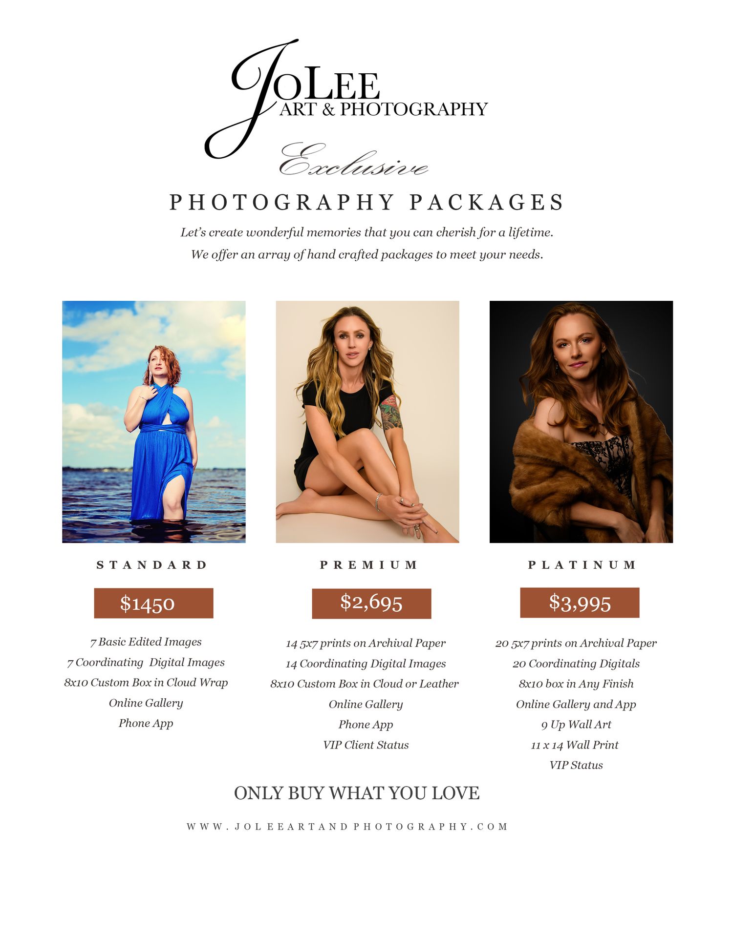 Photography package pricing display with sample portraits and service tiers.