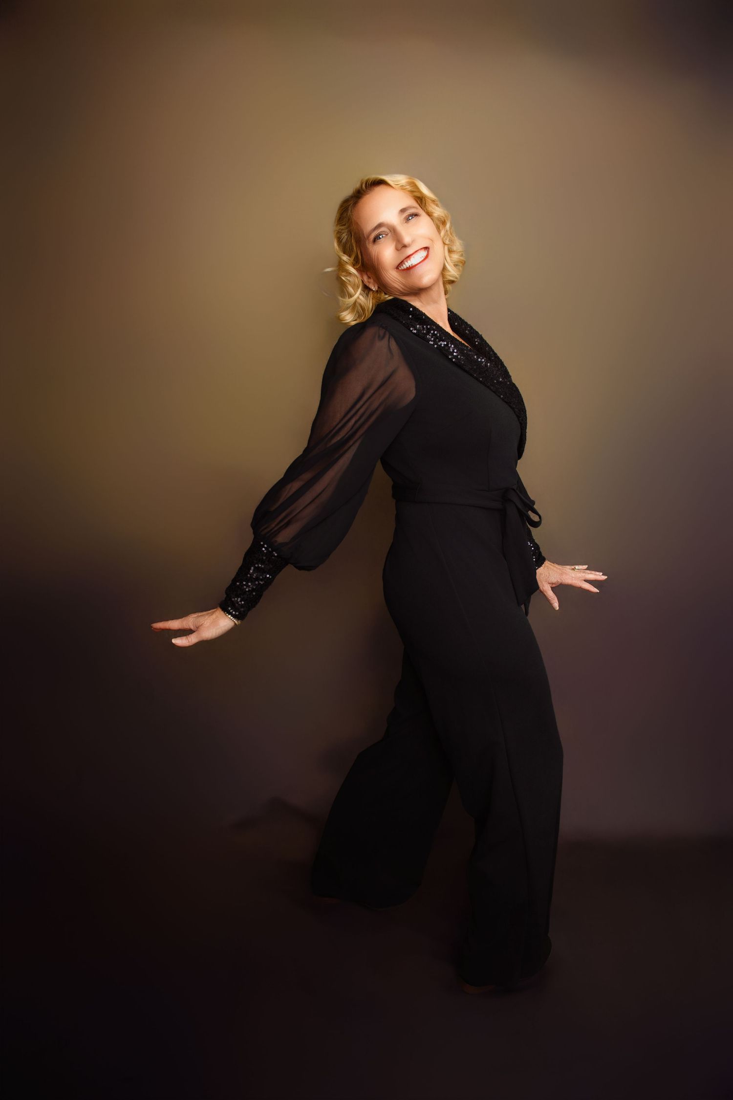 Artistic portraits in black dress showing dynamic movement against brown background.