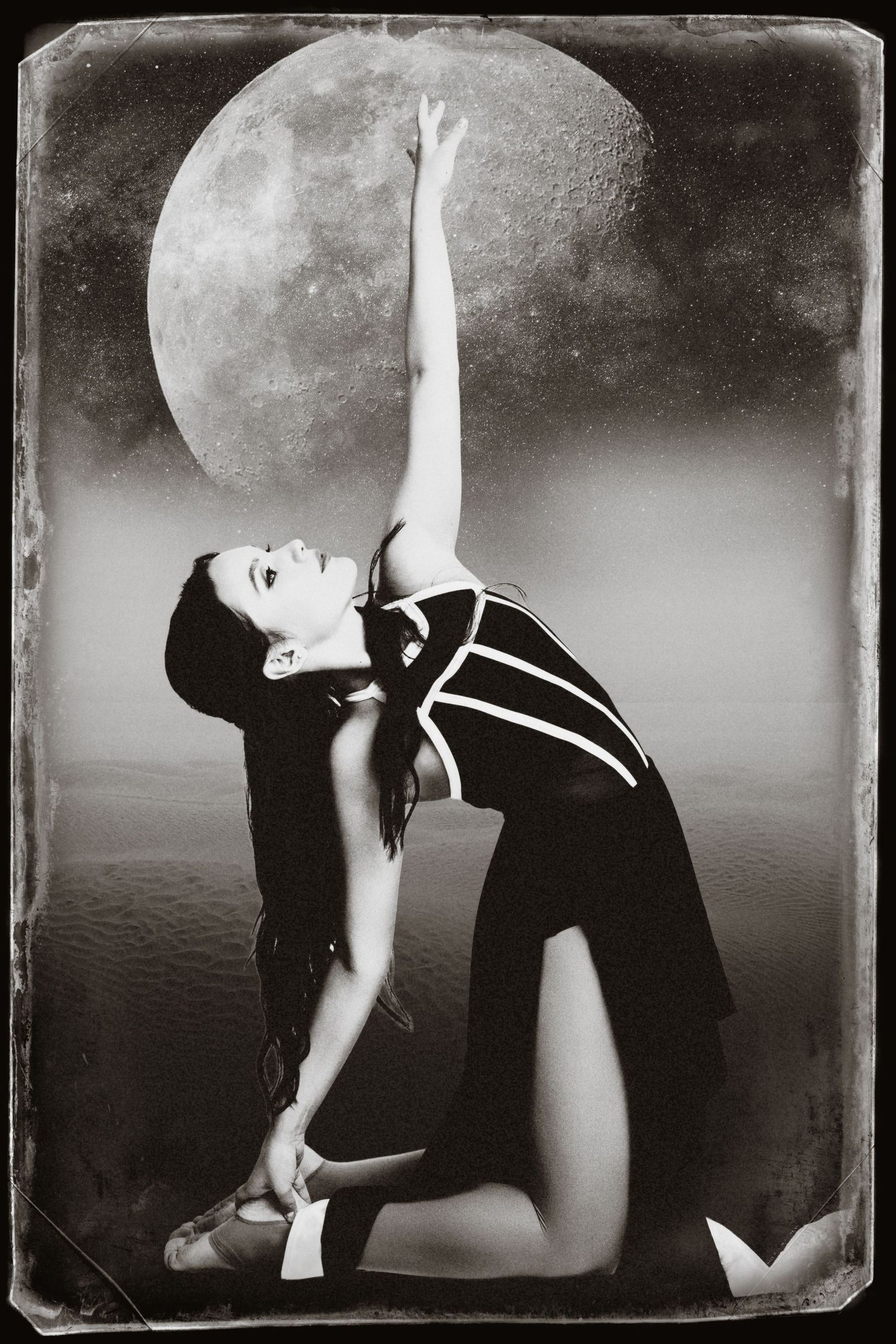 Artistic black and white photos showing a dancer performing backbends with a moon backdrop.