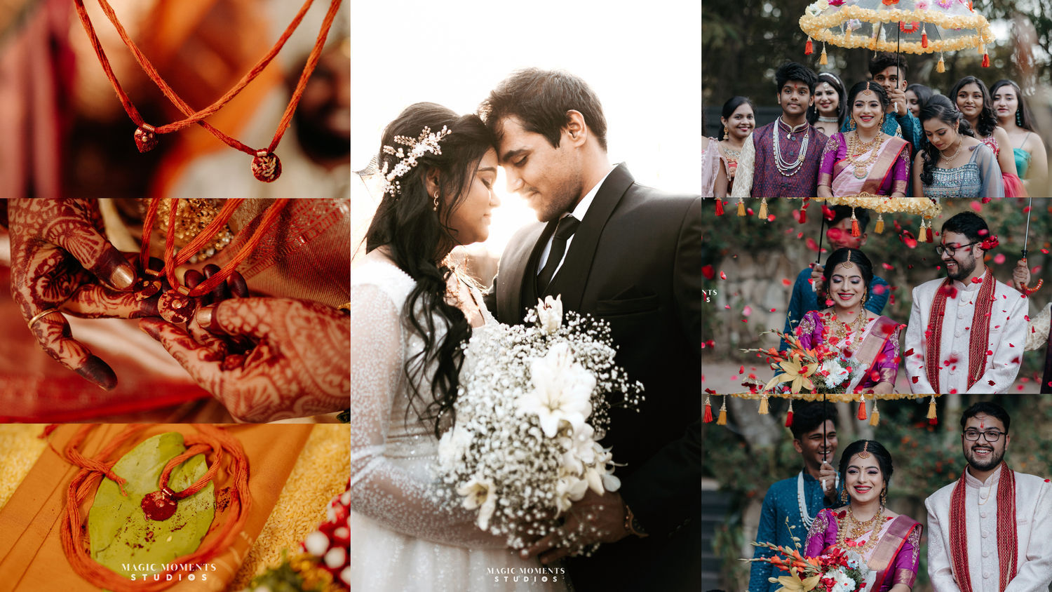 A collage of colorful Indian wedding moments showing traditional ceremonies, celebrations and rituals.