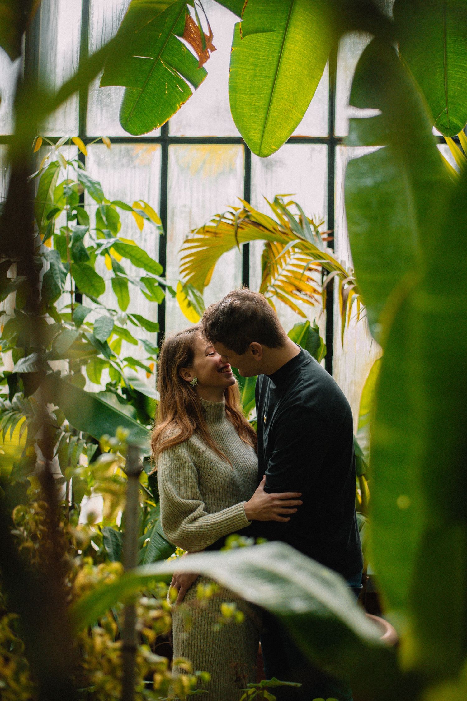 A couple shares a romantic moment surrounded by lush tropical plants inside a greenhouse.
