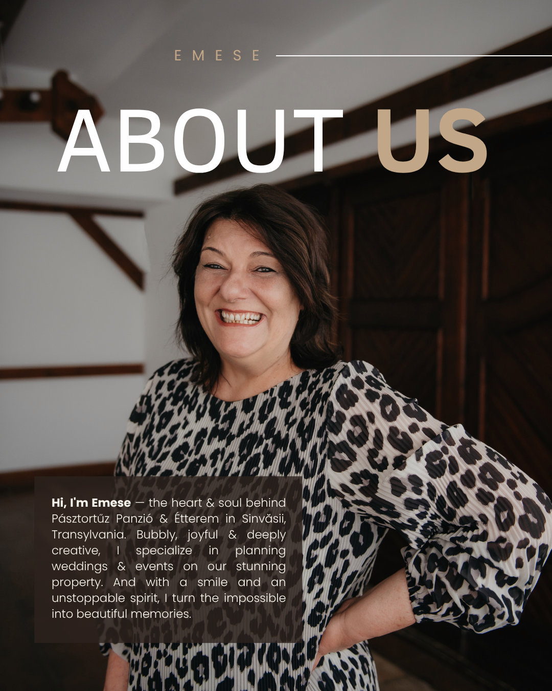 Emese, the heart and soul behind Paztortuz Panzio and Etterem in Sinvasi, Transylvania, smiling warmly in a floral dress.