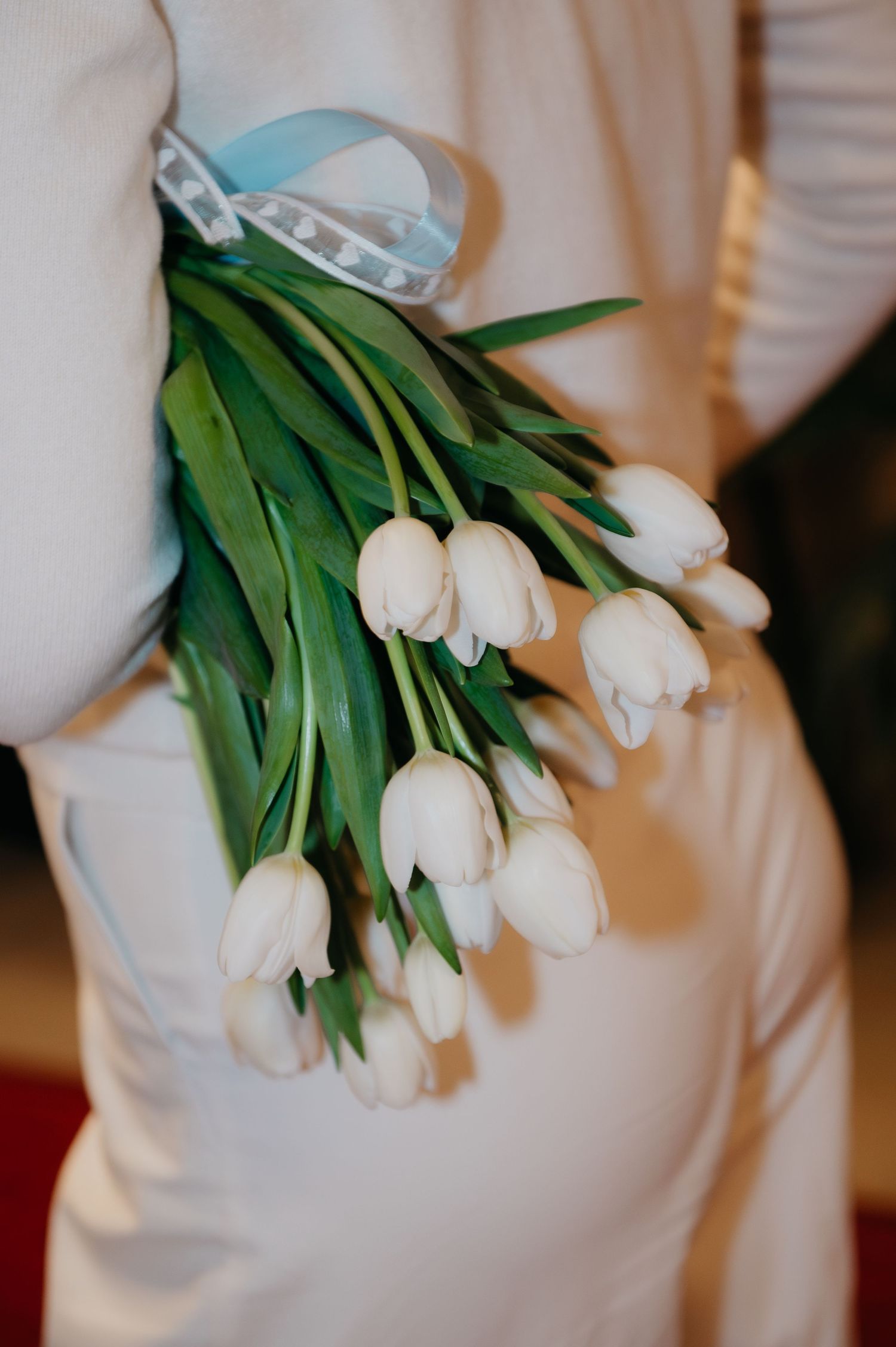 Person holding a bouquet of white tulips tied with a light blue ribbon against a white dress.